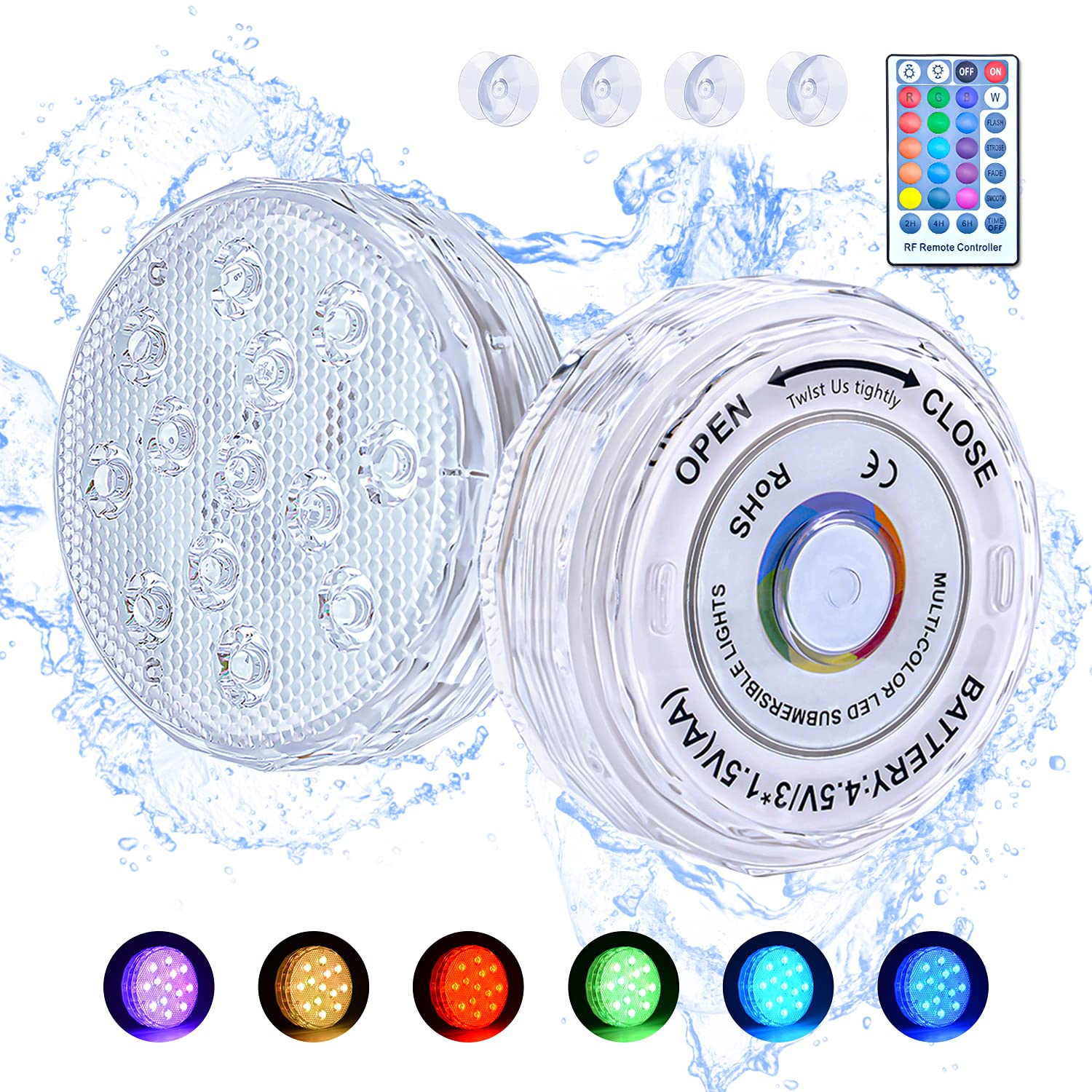 BlueFire Submersible LED Pool Lights - 16 Color Changing Underwater Lights with RF Remote, Waterproof Magnetic Bath Light with Suction Cups for Pools, Hot Tubs, Fountains, Gardens (2 Pack) - Perfect for Nighttime Swimming, Spa Relaxation & Outdoor Decor
