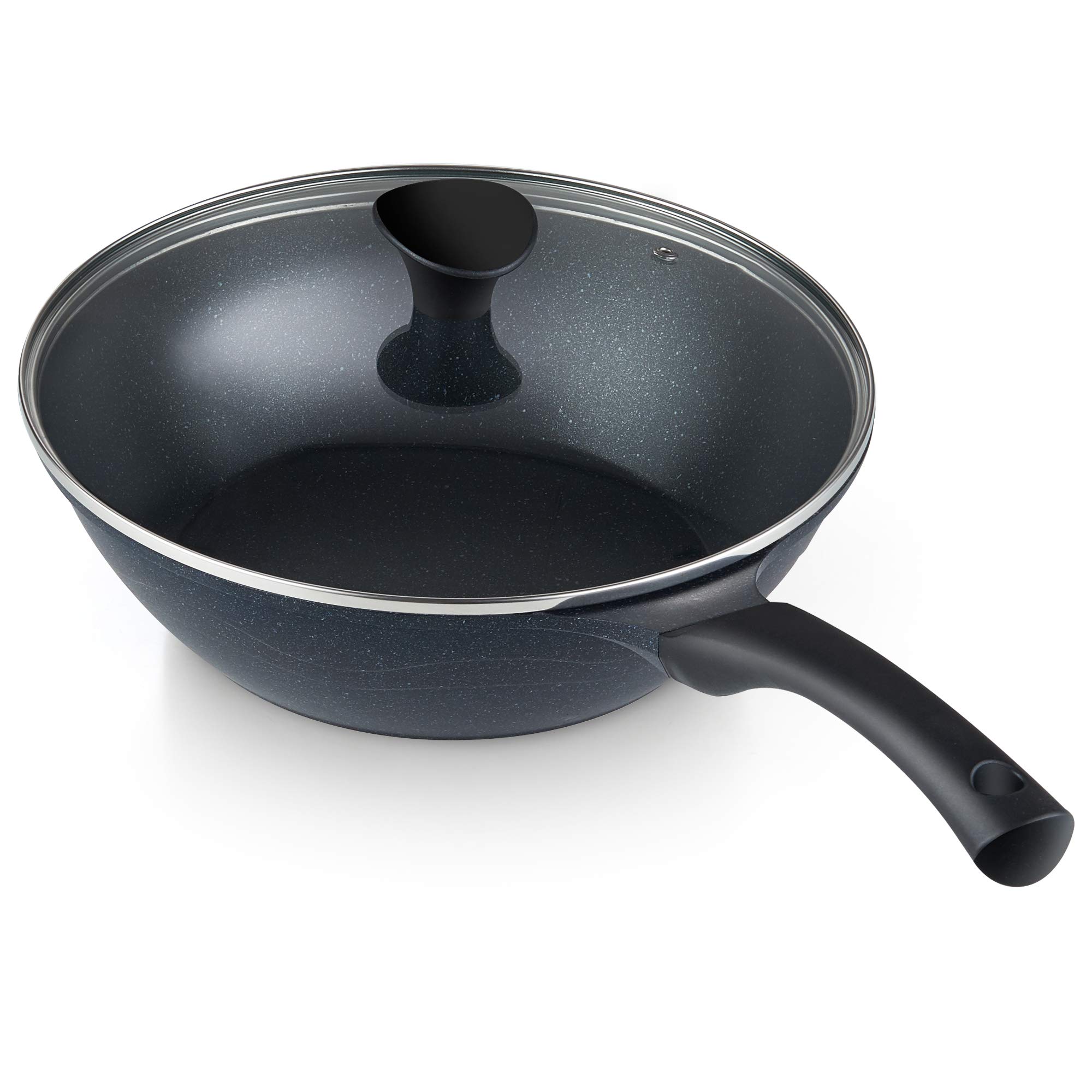 Nonstick Deep Fry Pan with Lid - 11 Inch Marble Wok Saute Skillet for Stir Frying, Black | Cook N Home Large Frying Pan for Sautéing, Frying & Cooking Family Meals
