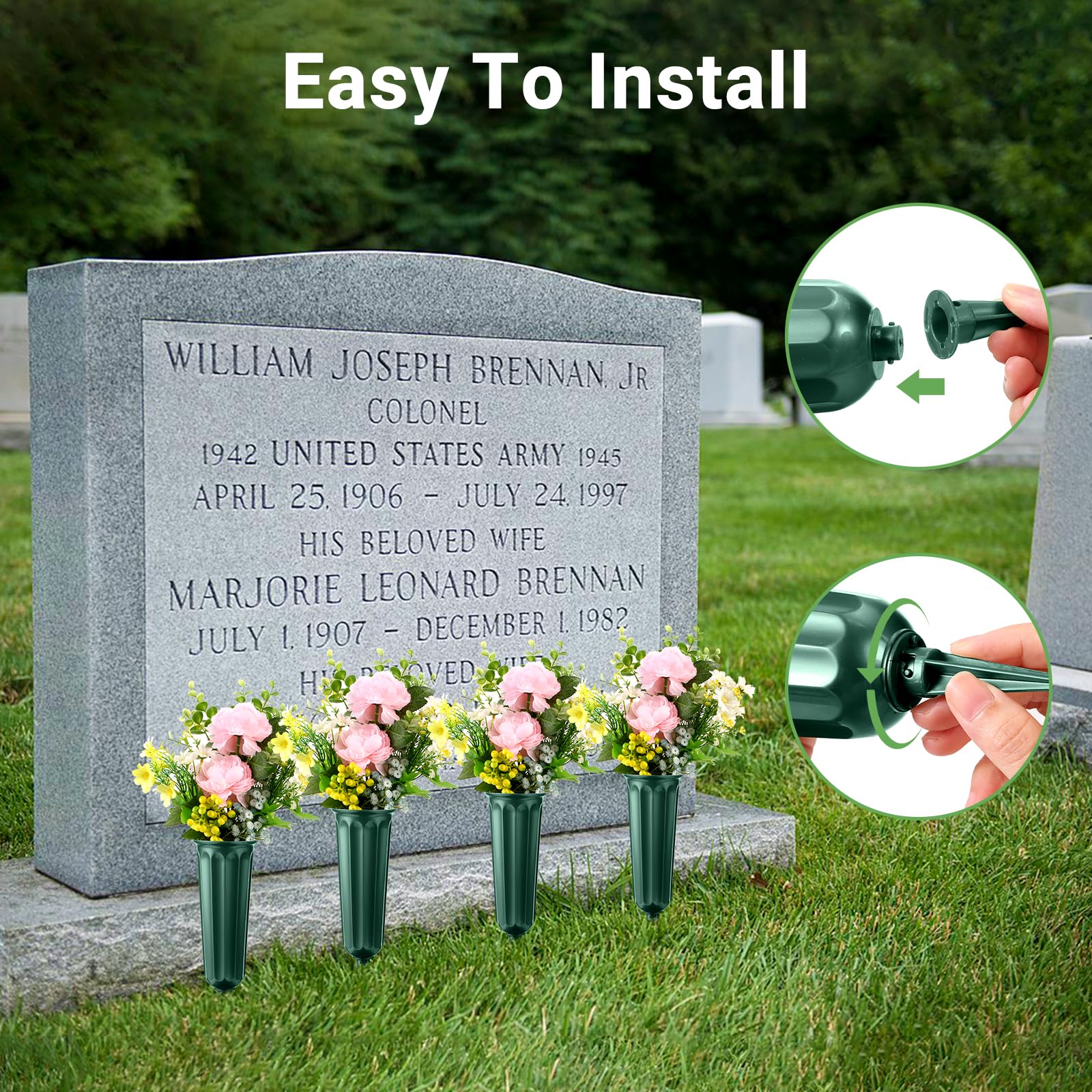 20 Pack Green Plastic Cemetery Vases with Spikes - Durable Grave Flower Holders for Memorial Decorations, Floral Arrangement Vases for Headstones - Perfect for Graveside Tributes & Cemetery Displays