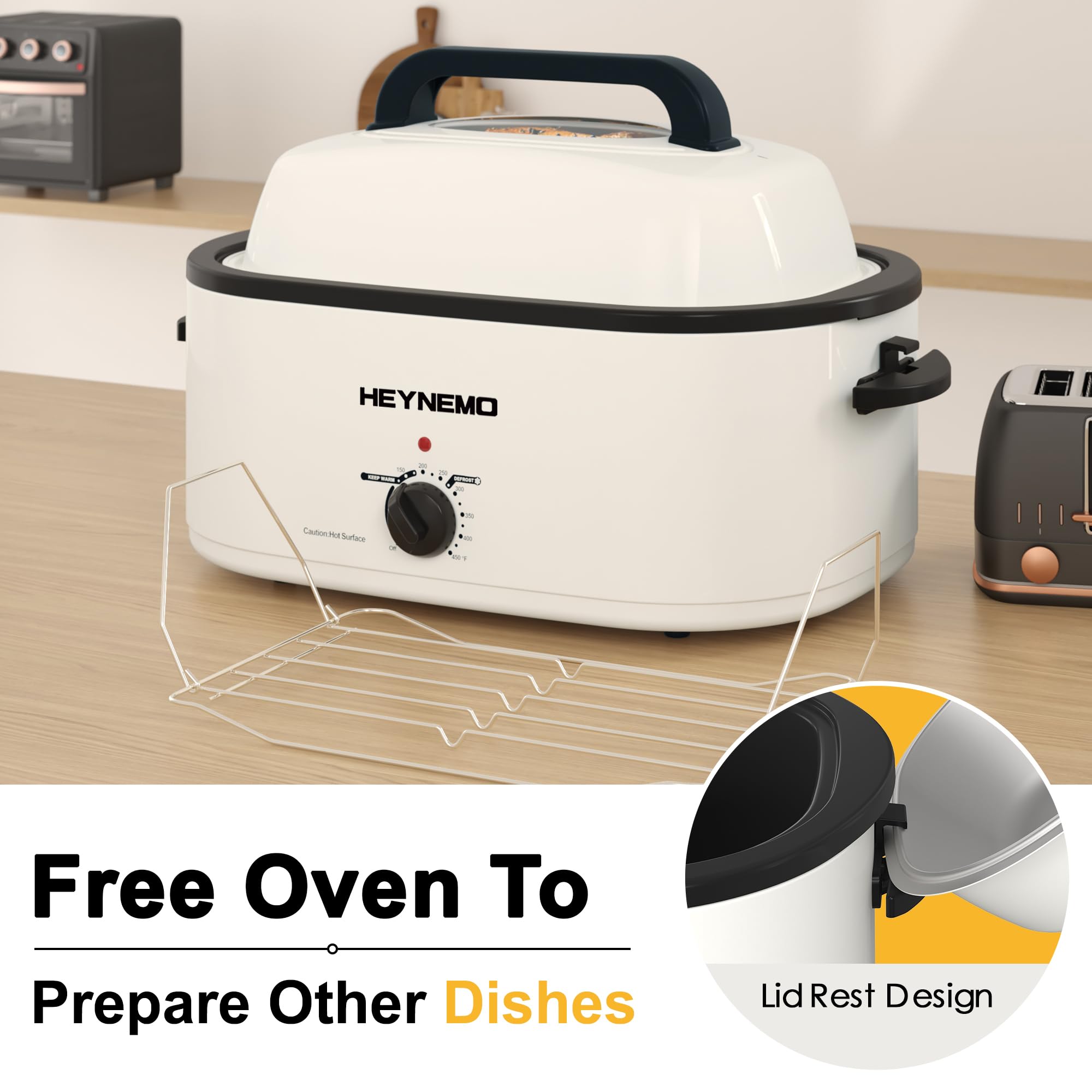 26 Quart Stainless Steel Electric Roaster Oven with Visible Self-Basting Lid, Large Turkey Roaster with Defrost & Warm Function, Adjustable Temperature & Removable Pan Rack, White - Perfect for Holiday Feasts & Family Gatherings