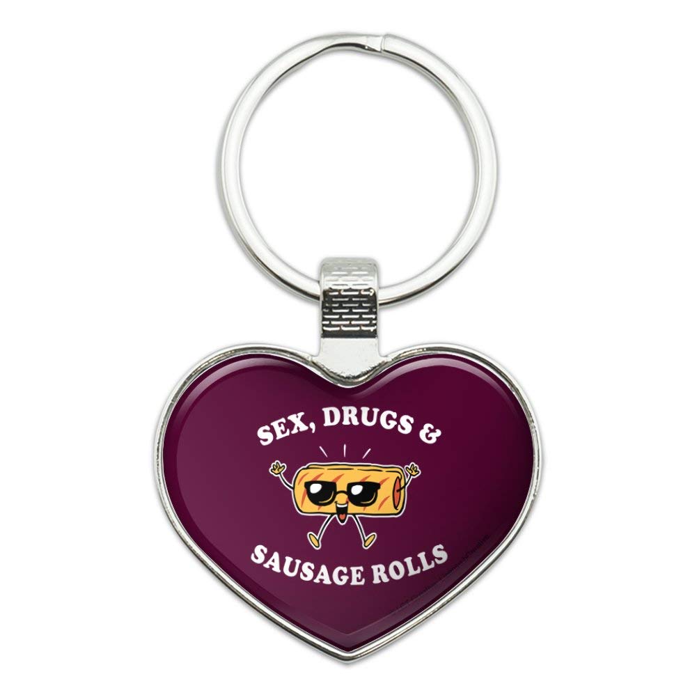 Funny Humor Keychain - Sex Drugs and Sausage Rolls Metal Key Ring for Heart Love - Perfect Gift for Friends & Couples (Birthday, Anniversary, Valentine's Day)