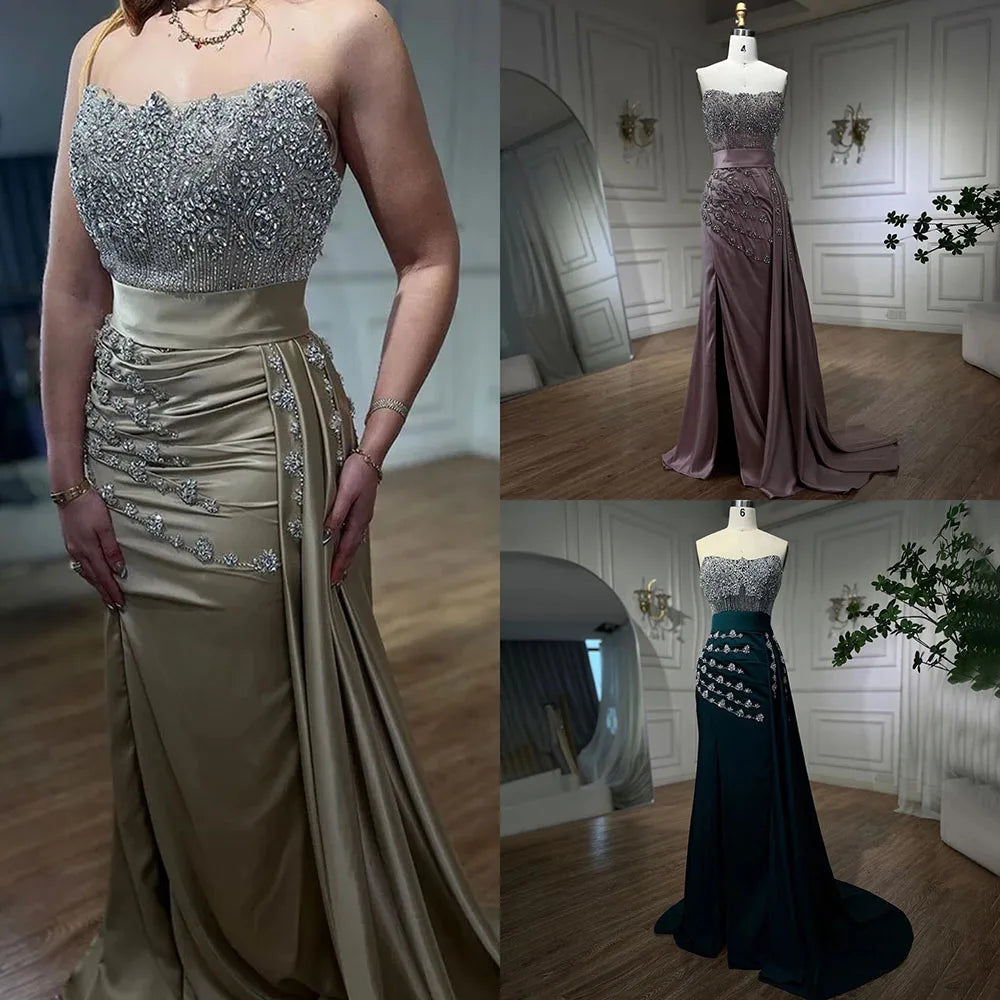 Elegant Strapless Mermaid Evening Gown with High Split & Skirt - Crystal Beaded Nude Prom Dress for Women | Perfect for Parties, Galas & Formal Events 2025 LA72135