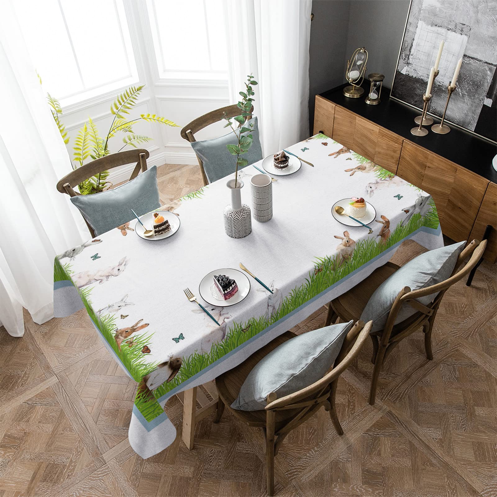 PPQQ Easter Meadow Bunny Tablecloth - Waterproof Wedding & Dining Decor, Holiday Cake Floral Table Runner, 6-Piece Chair Cover Set - Perfect for Spring Celebrations, Bridal Showers & Holiday Parties