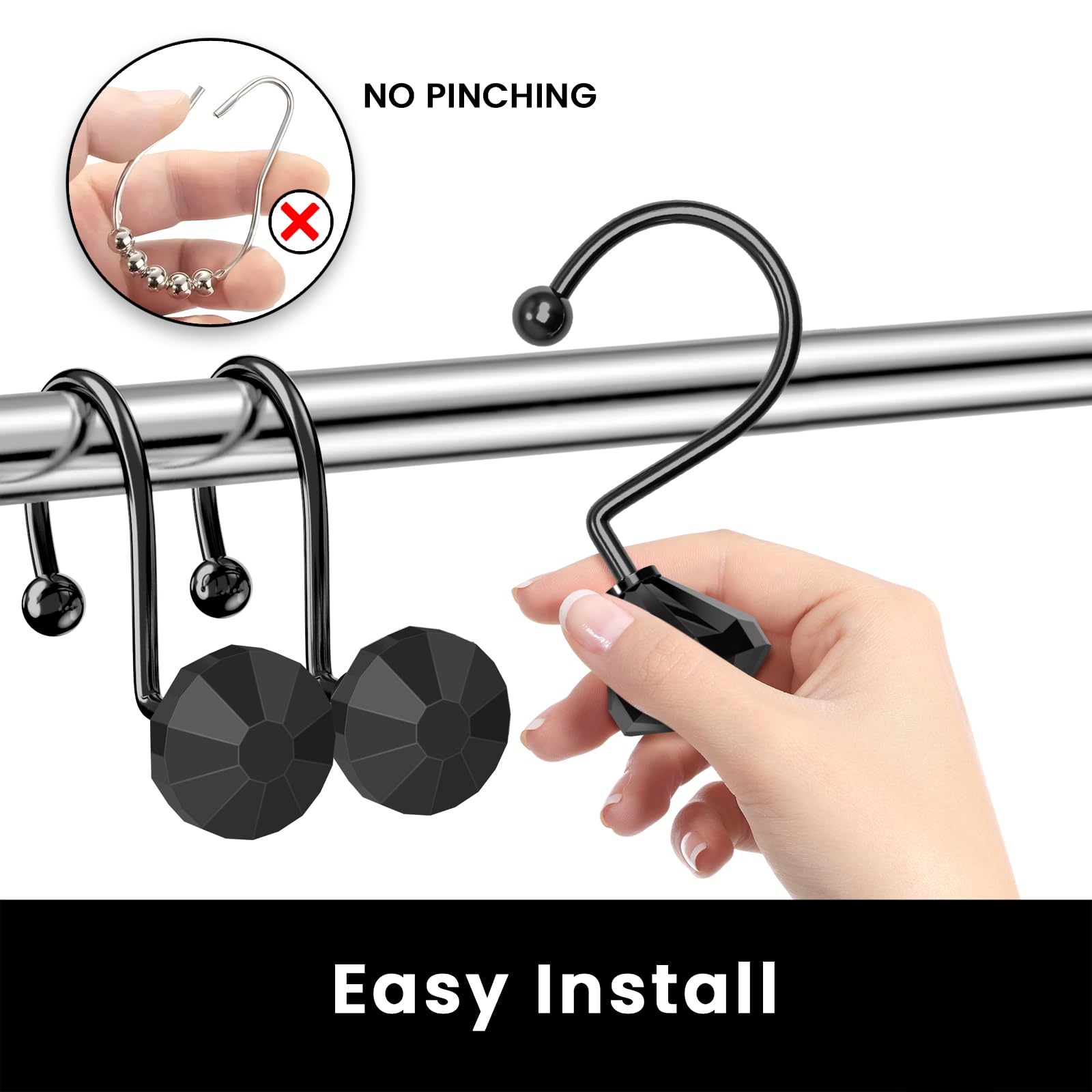 12PCS Diamond Crystal Shower Curtain Hooks - Black Bathroom Decor for Shower Curtains & Rods - Elegant Diamond Shaped Hooks for Stylish Bathroom Upgrade - Perfect for Home, Hotel, and Spa Decor