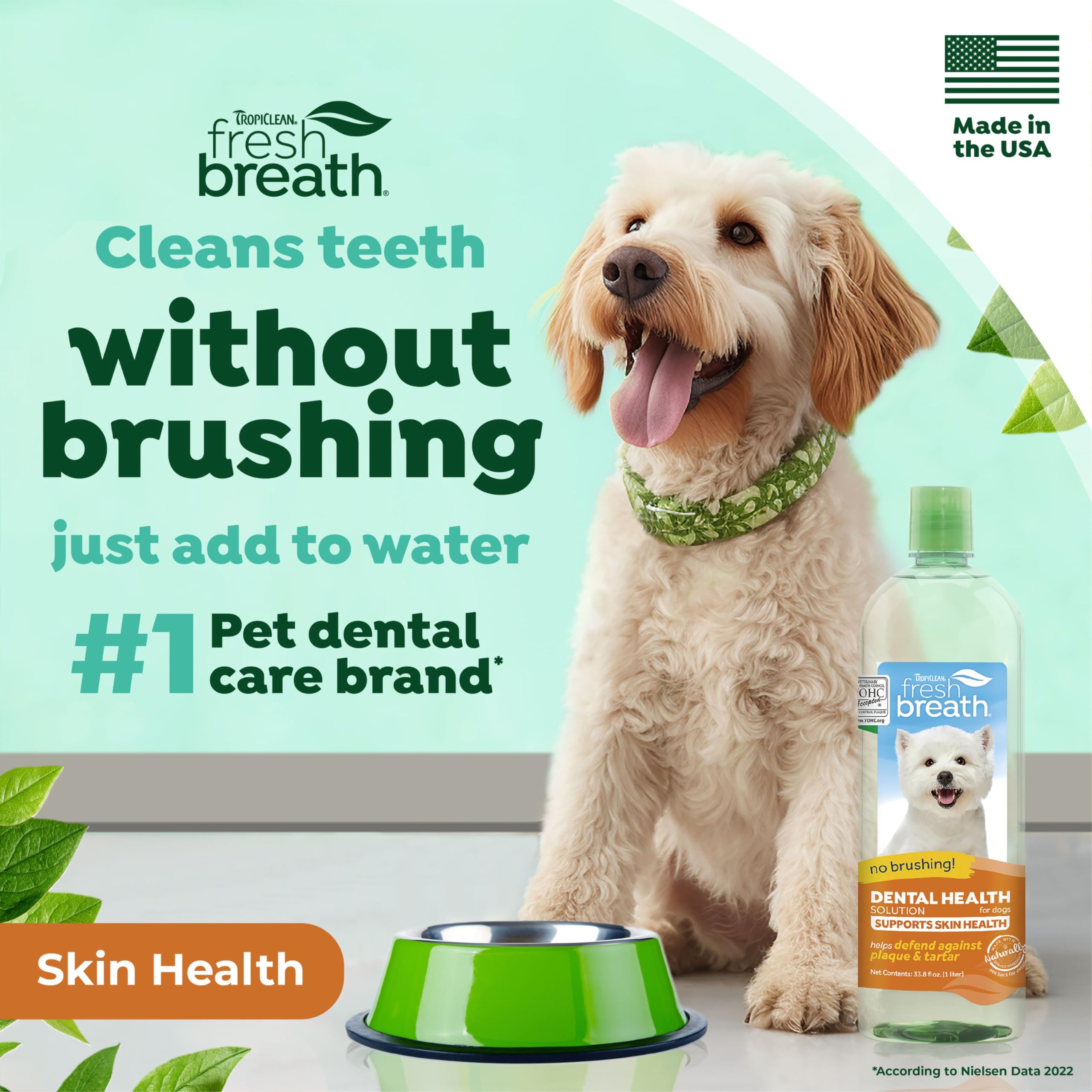 TropiClean Fresh Breath Water Additive for Dogs with Omega 3 & 6 - Dog Dental Care Solution for Teeth Cleaning & Skin Health | 33.8oz | Promotes Oral Hygiene & Healthy Coat | Ideal for Daily Water Bowl Use