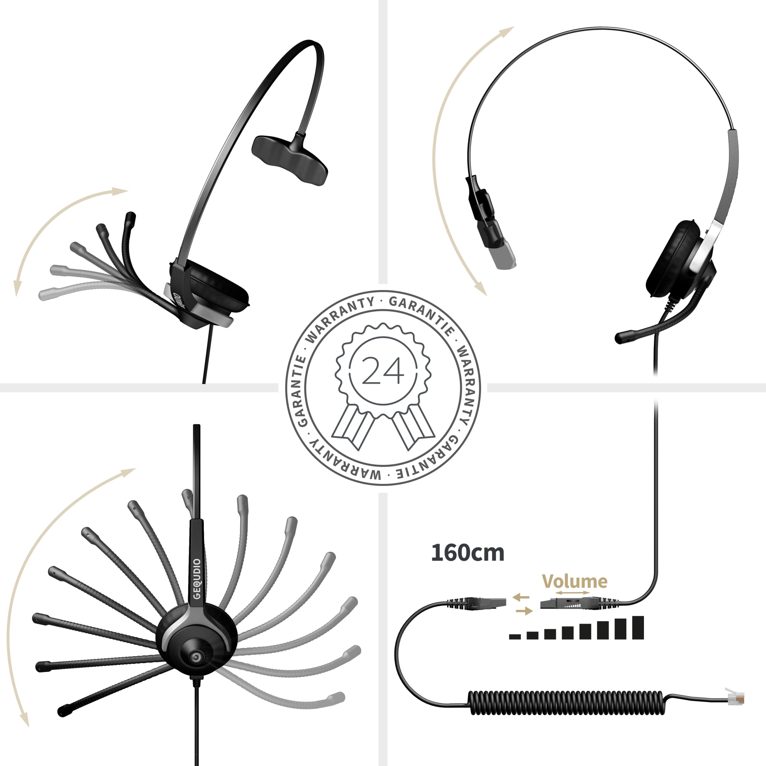 GX3+ GX5+ Wired Headset with RJ Cable - Lightweight Mono Headphones with Replaceable Cable, Ear Pads & Mic Cover - Perfect for Call Centers, Office & Customer Service