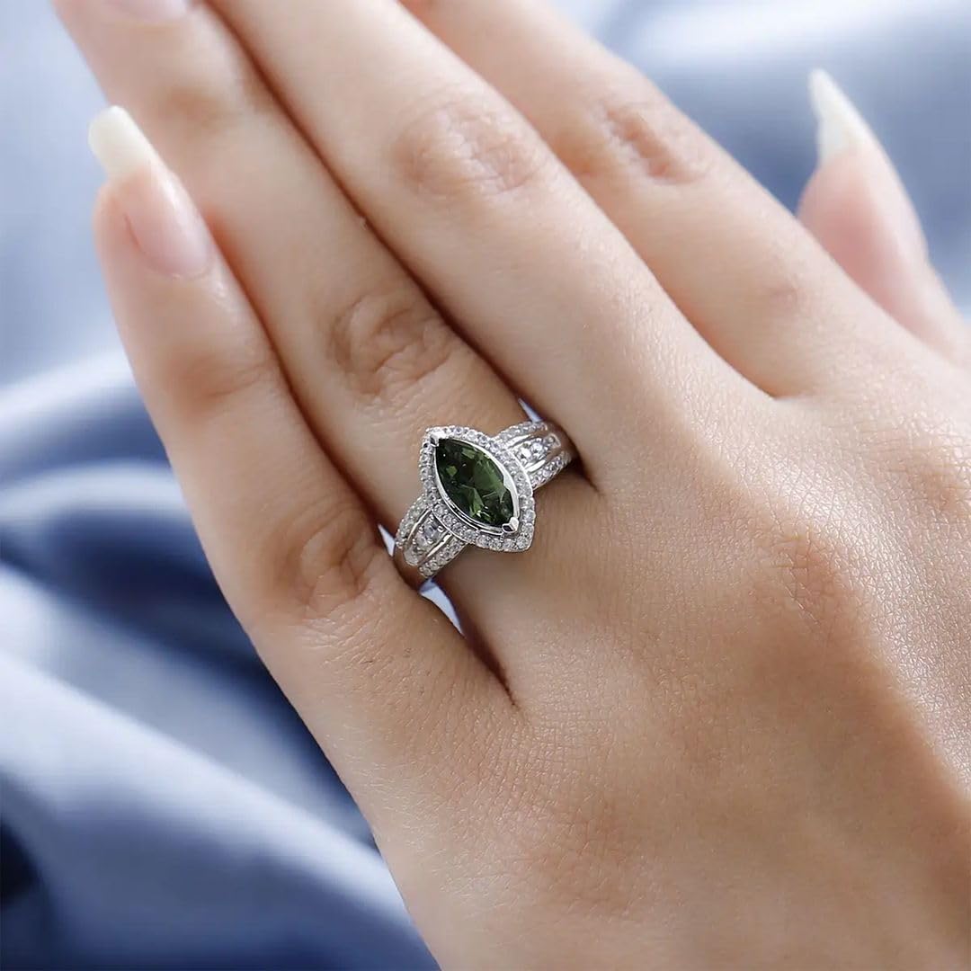 Moldavite Zircon Promise Ring for Women - 925 Sterling Silver Platinum Plated Wedding Jewelry, Size 6 - Perfect for Engagement, Anniversary, Birthday Gifts & Bridal Accessories | Elegant Jewelry for Special Occasions & Everyday Wear