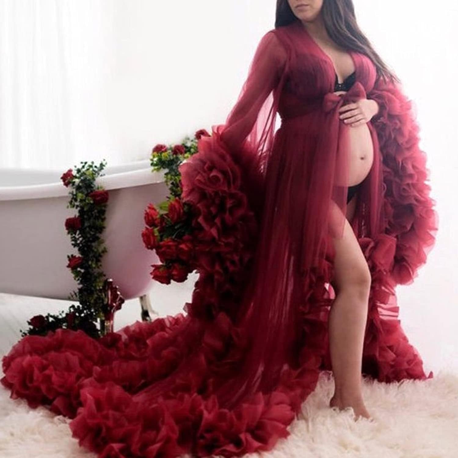 Elegant Long Tulle Bridal Robe with Open Front & Ruffle Details - Lingerie Nightgown for Wedding, Maternity Photoshoot & Special Occasions