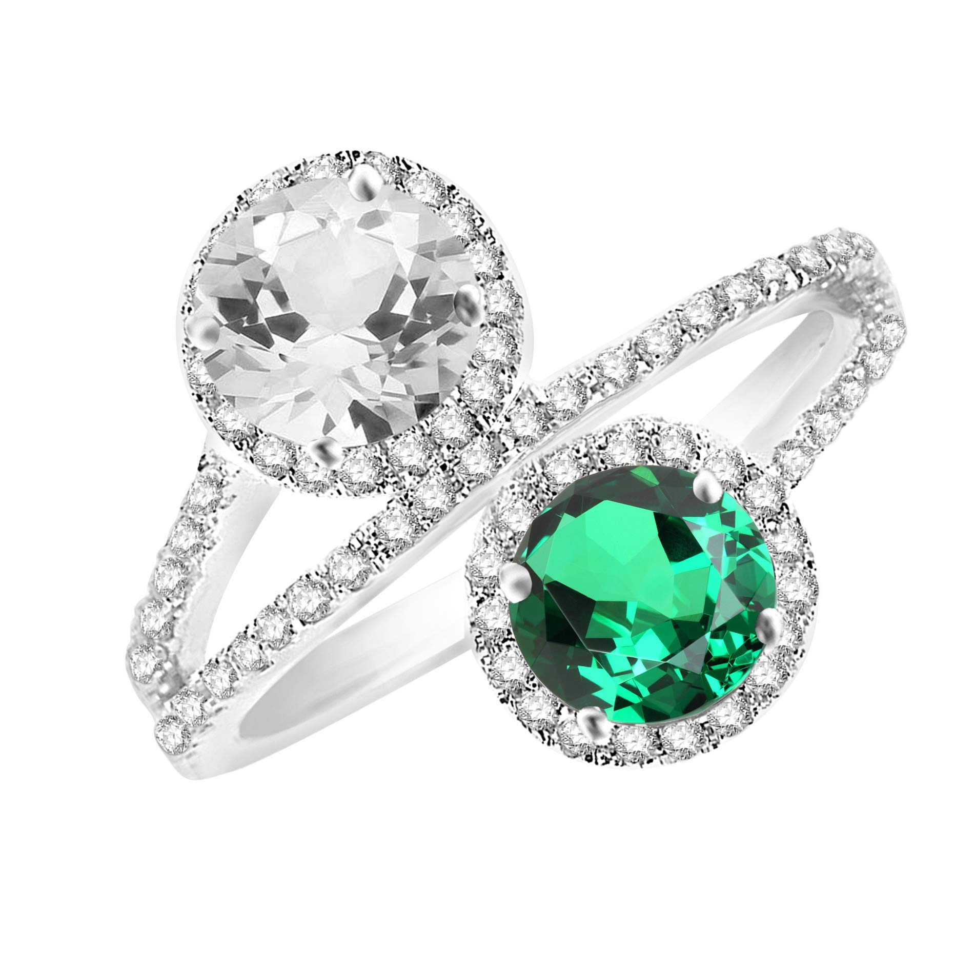 14K Sterling Silver Green Emerald & Natural White Topaz Bypass Halo Ring | Elegant Wedding, Engagement & Anniversary Jewelry Gift for Women