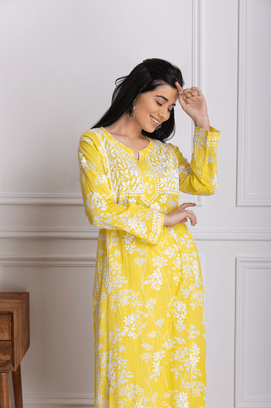 Fizaa Mul Printed Hand Embroidery Chikankari Kurta for Women - Yellow Ethnic Embroidered Tunic Top - Perfect for Festivals, Weddings & Casual Wear