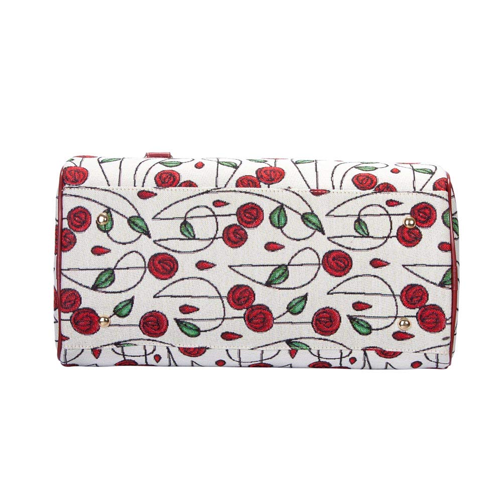 Stylish Red and White Signare Tapestry Travel Bag - Weekend Overnight Hand Luggage Carry On with Charles Rennie Mackintosh Rose Design (TRAV-RMSP) - Perfect for Business Trips, Weekend Getaways & Airplane Carry-On