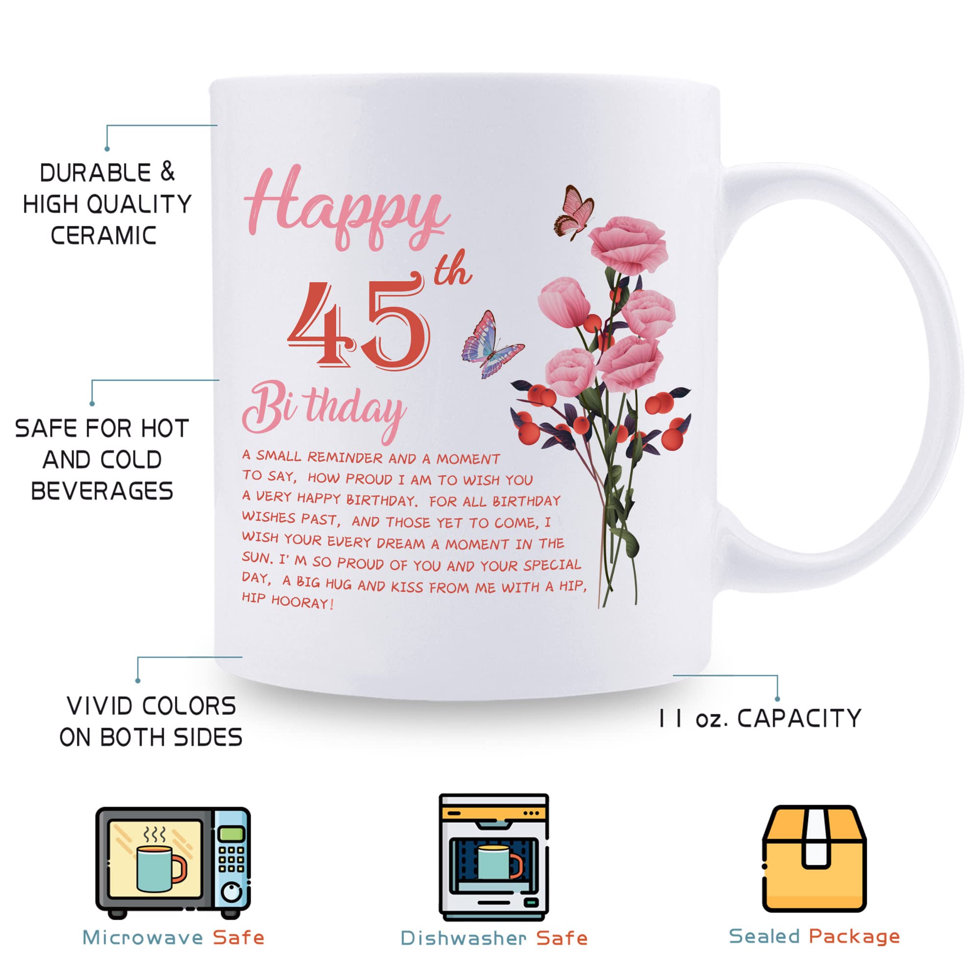 45th Birthday Gifts for Women - Funny 45th Birthday Coffee Mug for Wife, Mom, Sister, Aunt & Coworker - 11oz Ceramic Tea Cup - Perfect for Office, Home & Birthday Celebrations