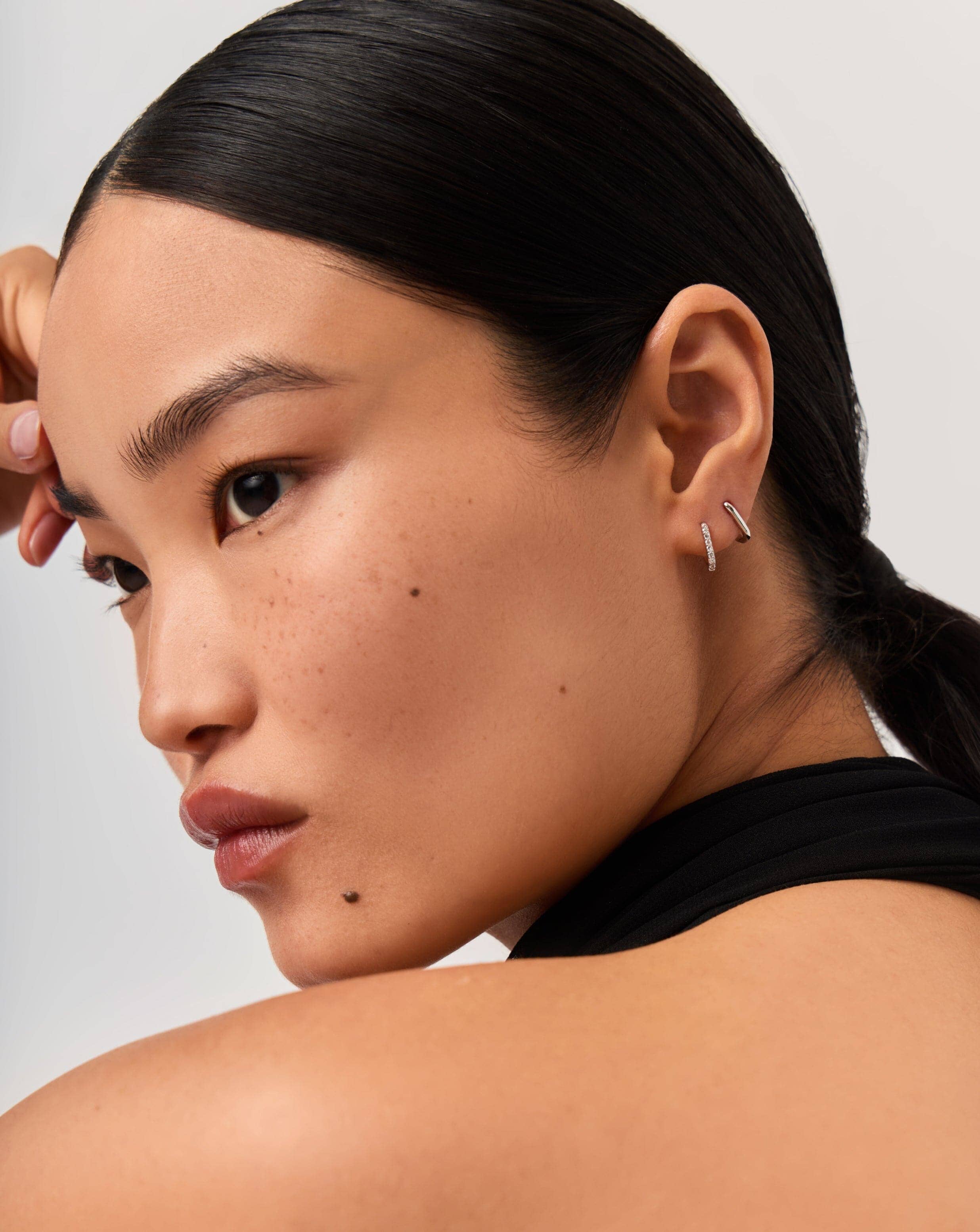 14k Solid White Gold Diamond Ovate Mini Hoop Earrings | Elegant Everyday Jewelry for Women | Perfect for Work, Date Night & Special Occasions