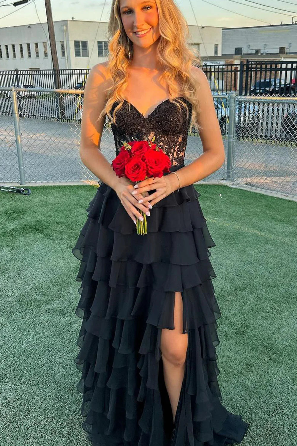 Elegant Black Tiered Prom Dress with Lace & Chiffon - A-Line Sweetheart Neckline & High Slit | Perfect for Homecoming, Formal Dances & Special Occasions