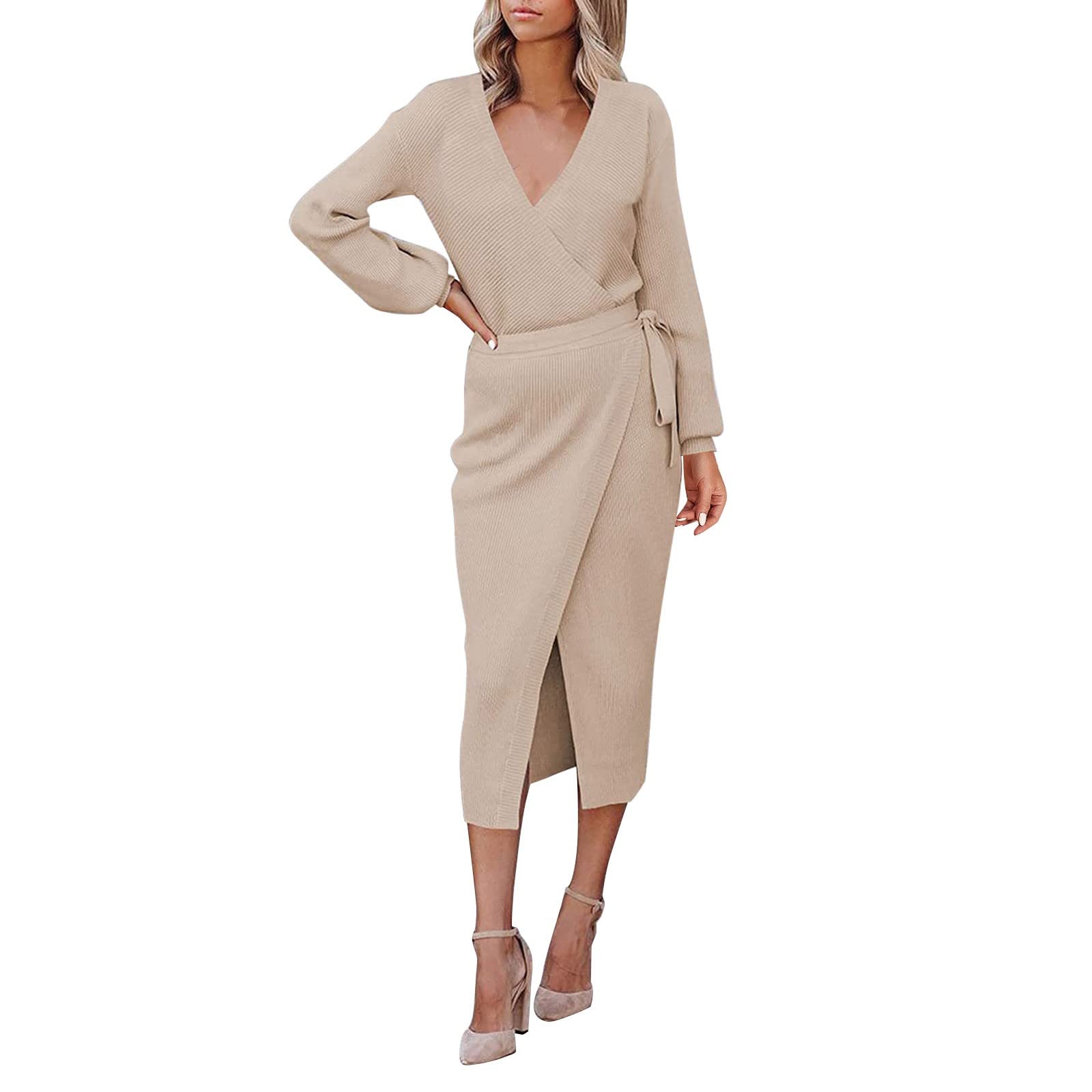 Women's Wrap V-Neck Long Sleeve Sweater Dress - Tie Waist Bodycon Knit Midi Dress for Women - Elegant Summer Tops for Office, Date Night & Casual Outings