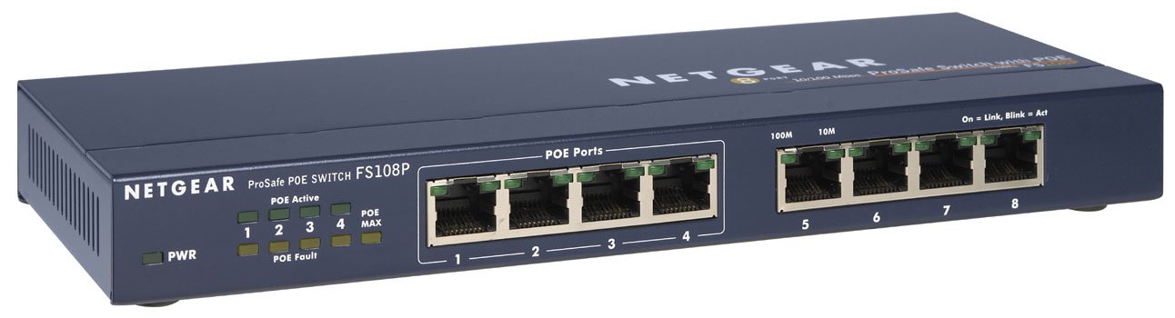 NETGEAR ProSafe FS108P 8-Port 10/100 Mbps Ethernet Switch with PoE (Power over Ethernet) - Ideal for Home Office & Small Business Network Setup