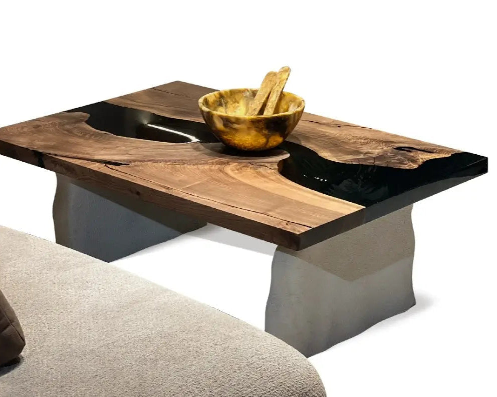 Epoxy Resin Walnut Coffee Table with Stone-Look Legs - Modern Living Room Centerpiece for Home Decor