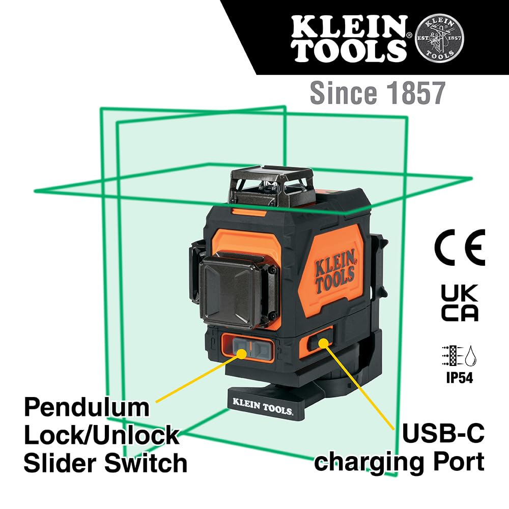 Klein Tools 93PLL Self-Leveling Laser Level - Bright Green 3x360° Planes, Rechargeable Battery & Magnetic Mount for Construction, Remodeling, and DIY Projects