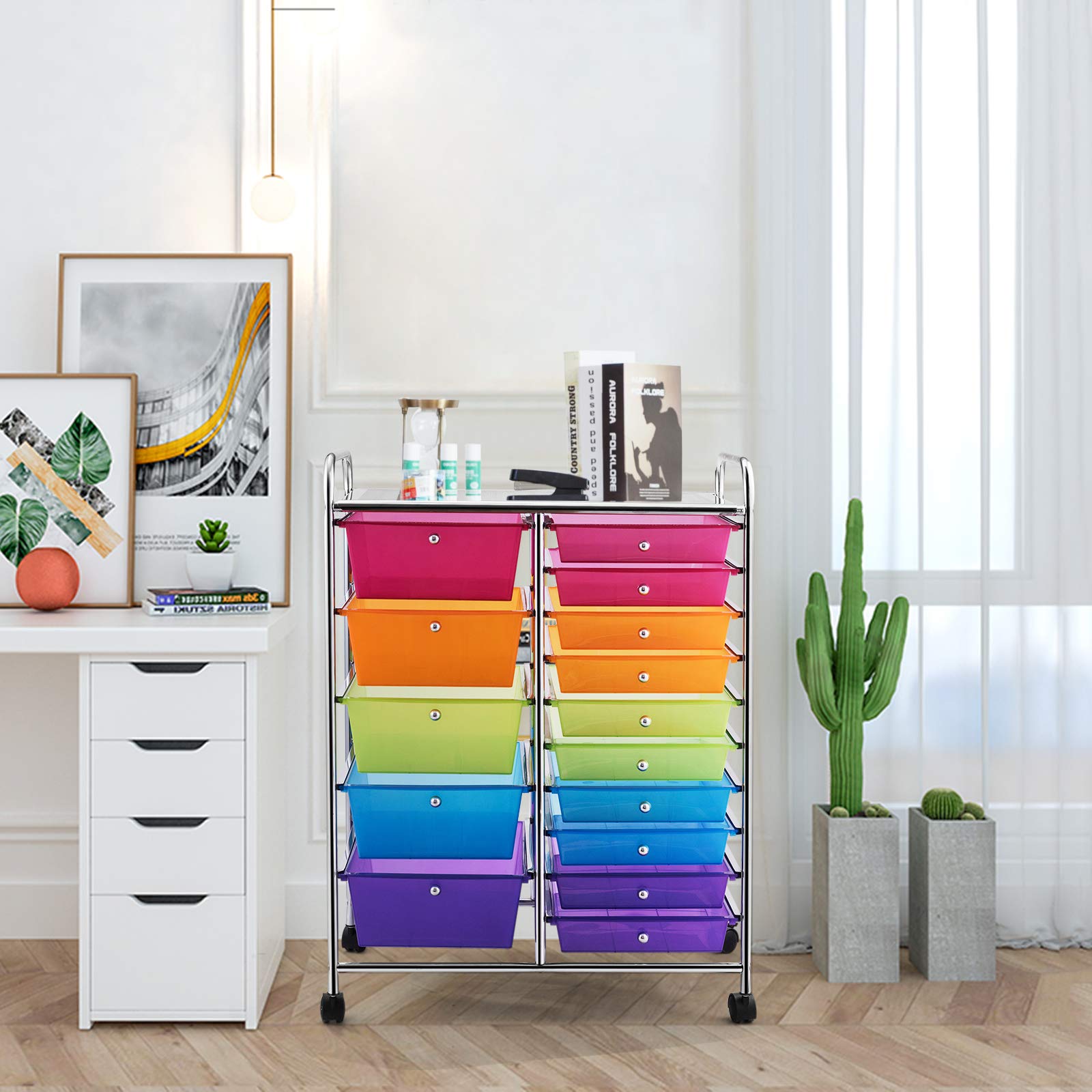 Byroce 15-Drawer Rolling Storage Cart - Mobile Organizer for Art Supplies, School Tools & Craft Paper - Multipurpose Wheeled Cart for Classroom, Home Office & Craft Room (Rainbow) - Perfect for Teachers, Artists & DIY Enthusiasts