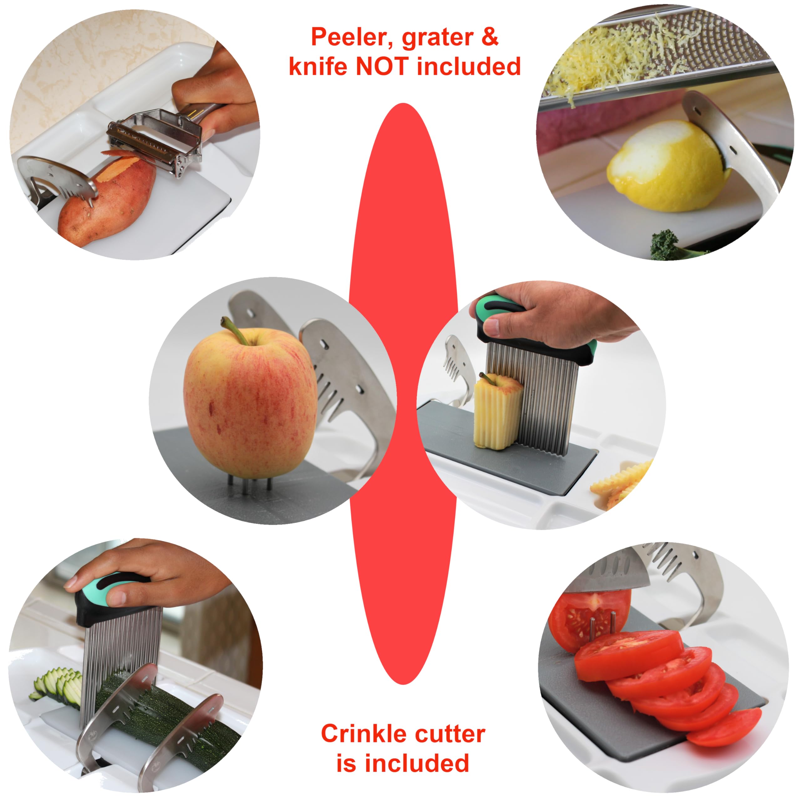**Premium Non-Slip Wood & Plastic Cutting Board with Pins – Includes Vegetable Crinkle Cutter & Holder – One-Handed Use with Tray – Perfect for Kitchen Prep, Slicing, and Serving**