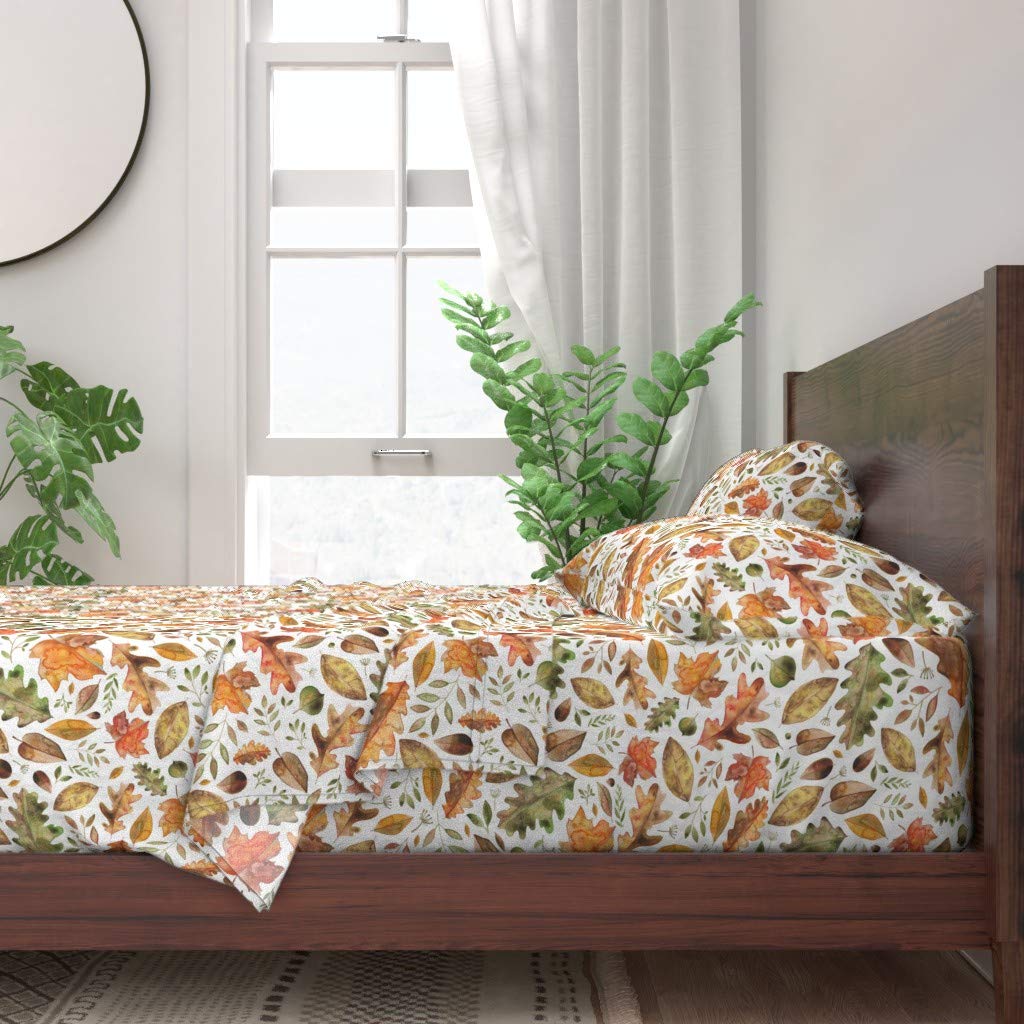 100% Cotton Twin Sheet Set 3pc - Watercolor Autumn Leaves Floral Print Bedding for Fall & Halloween | Soft & Breathable Sheets for Cozy Seasonal Decor