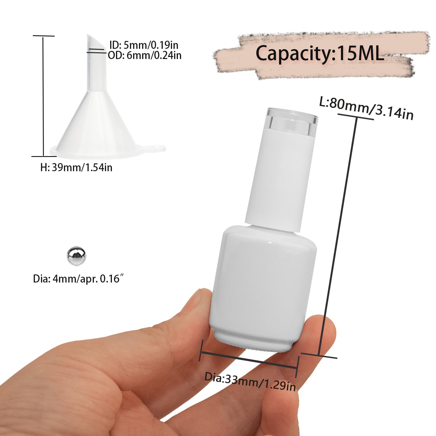 15ML Empty Gel Nail Polish Bottles with Mixing Balls & Funnels - 6 Pack Refillable UV Safe White Nail Polish Containers for DIY Nail Art, Salon & Home Manicure Use