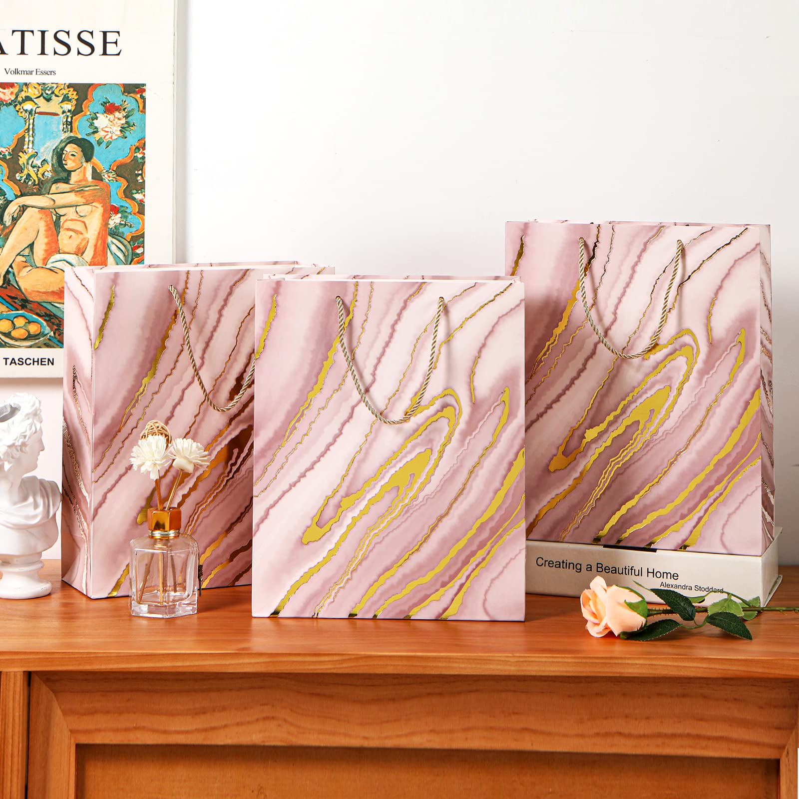 8 Pack Pink Marble Gift Bags 12.6x10.2x3.9 Inch Medium Size Party Favor Bags for Christmas, Valentine's Day, Baby Shower, Birthday, Wedding, Mother's Day - Perfect for Gift Wrapping, Party Decorations & Special Occasions