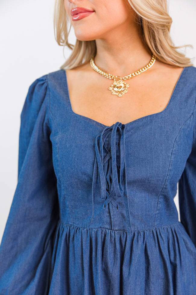 Up To Me Medium Wash Lace-Up Chambray Dress - Casual Summer Outfit for Women | Perfect for Beach, Brunch & Date Nights