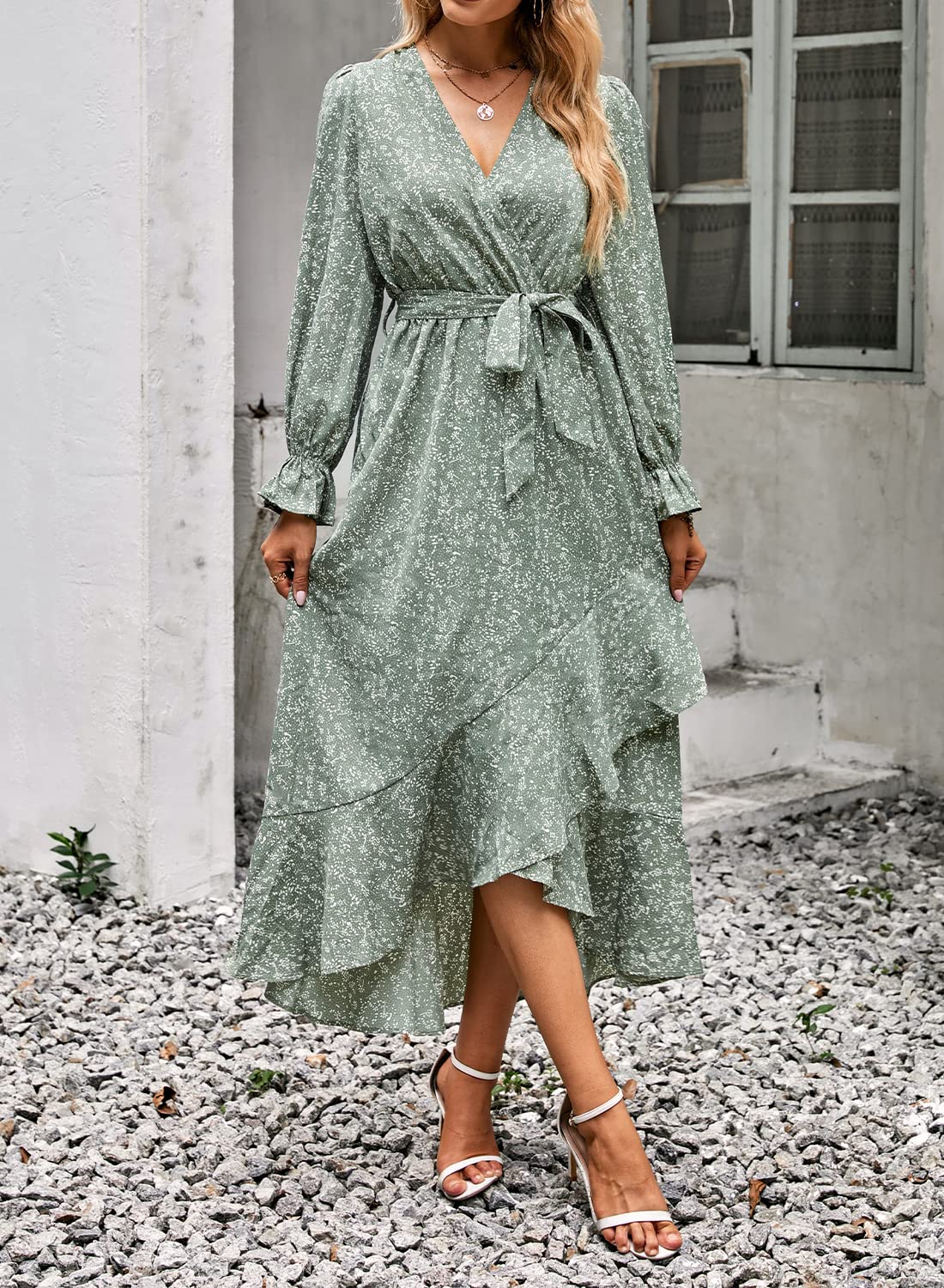 BTFBM Women's Floral V-Neck Long Sleeve Boho Dress - High Waist Ruffle Summer Wedding Guest Dress for Spring/Summer 2025 | Perfect for Garden Parties, Bridal Showers & Formal Events