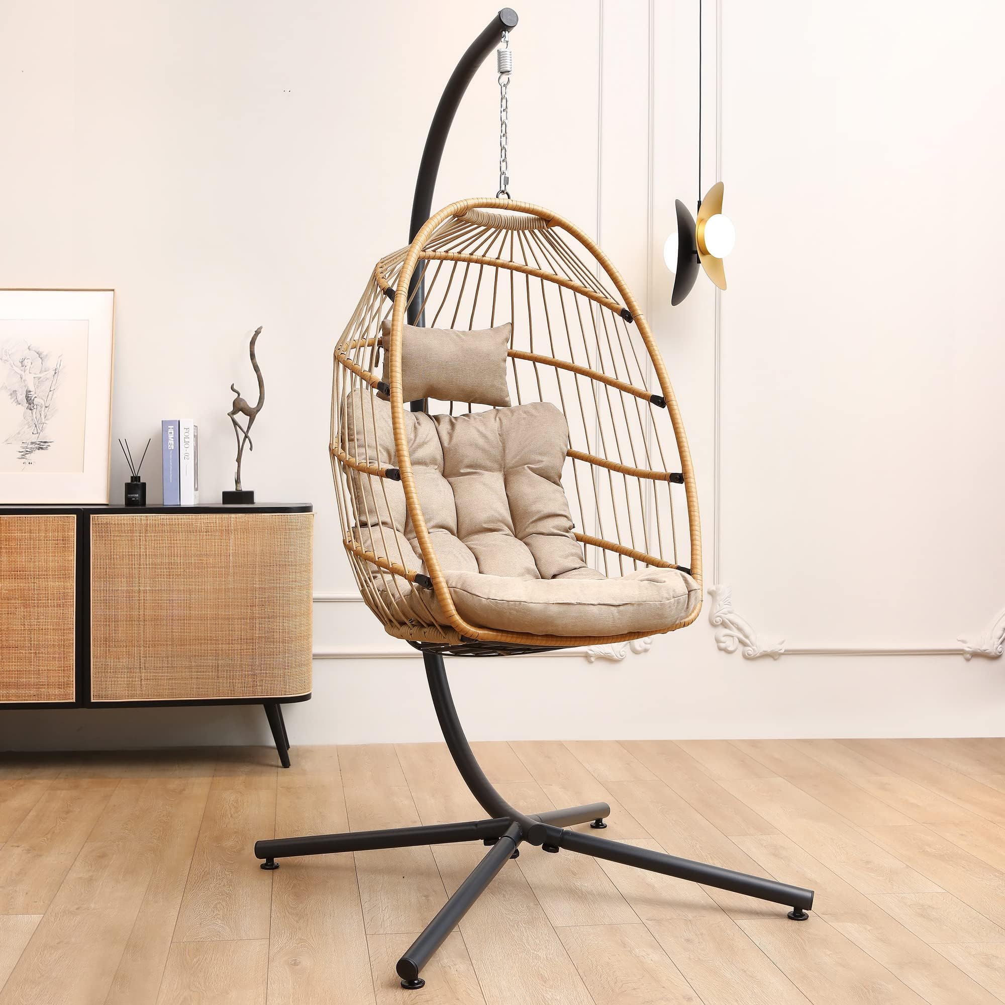 SWITTE Wicker Egg Chair with Stand & Cushion - 350lbs Capacity Hanging Swing Chair for Indoor & Outdoor Use - Perfect for Patio, Garden, Balcony Relaxation (Beige)