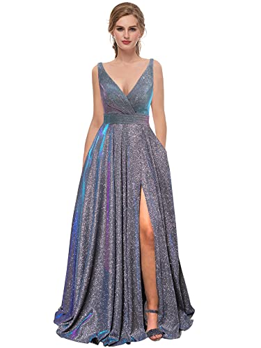 Topfountonart Women's Long Prom Dress 2023 - Elegant V-Neck Formal Evening Gown with Side Slit & Pockets | Sparkly Party Dress for Homecoming, Prom Night, Wedding Guest & Special Occasions