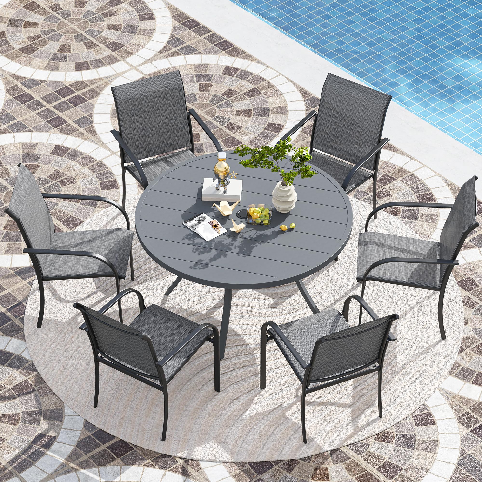 VICLLAX 47 Inch Round Outdoor Patio Dining Table with Adjustable Umbrella Hole - Metal Slatted Tabletop for Deck, Lawn, Garden & Backyard - Dark Grey - Perfect for Outdoor Entertaining, BBQs, and Family Gatherings