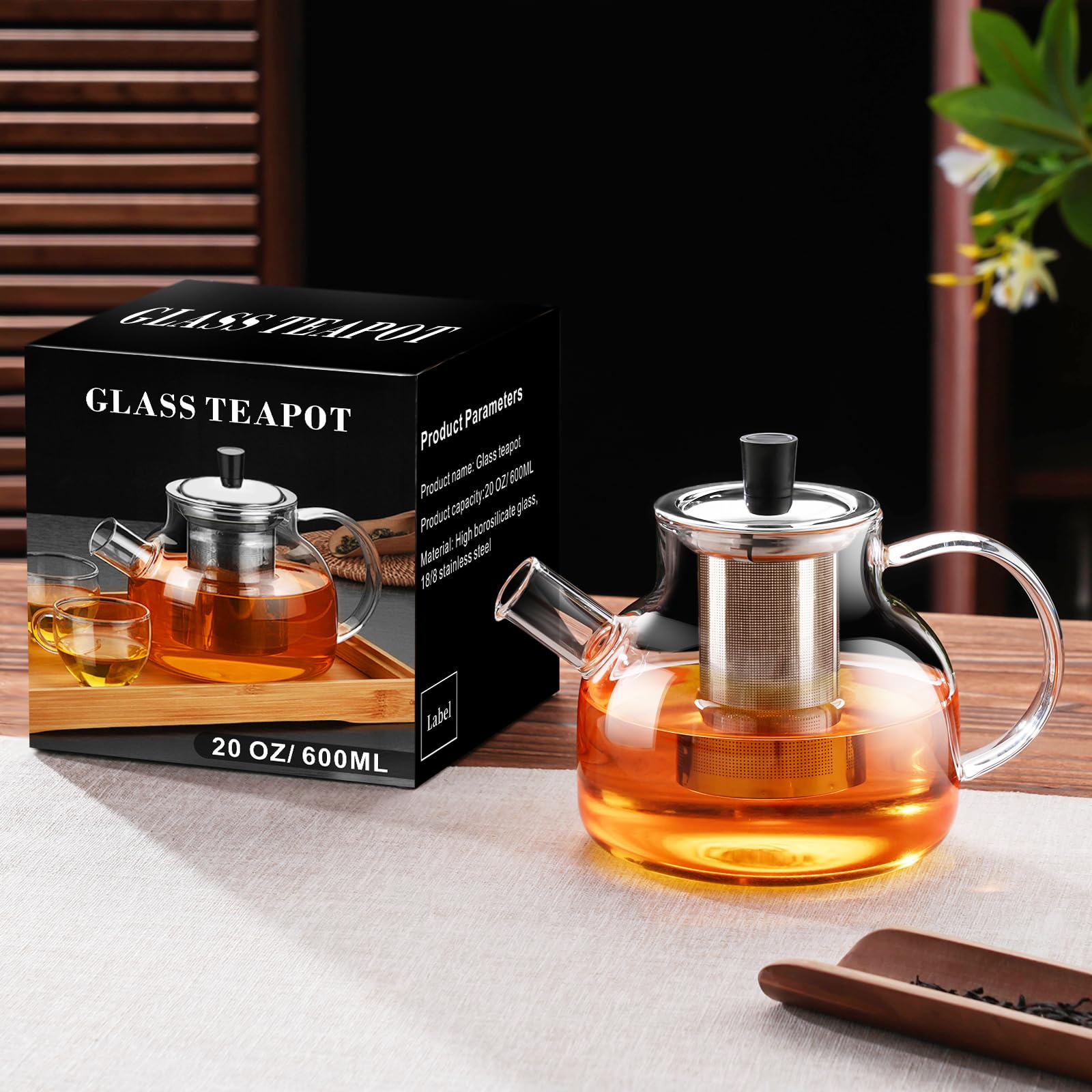 Premium Borosilicate Glass Teapot with Removable Stainless Steel Infuser - 20oz/600ml Stovetop Safe Tea Kettle for Blooming & Loose Leaf Tea - Perfect Gift for Tea Lovers - Ideal for Home, Office & Tea Ceremonies