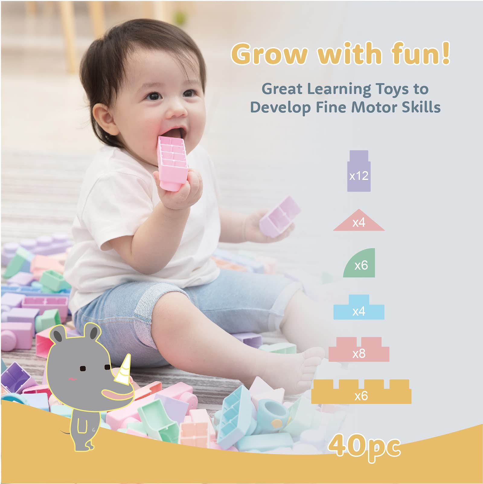 MOOMU Soft Baby Blocks - 40 PCs STEM Stacking Toys for Toddlers 1-3 Years | Safe Montessori Learning & Play