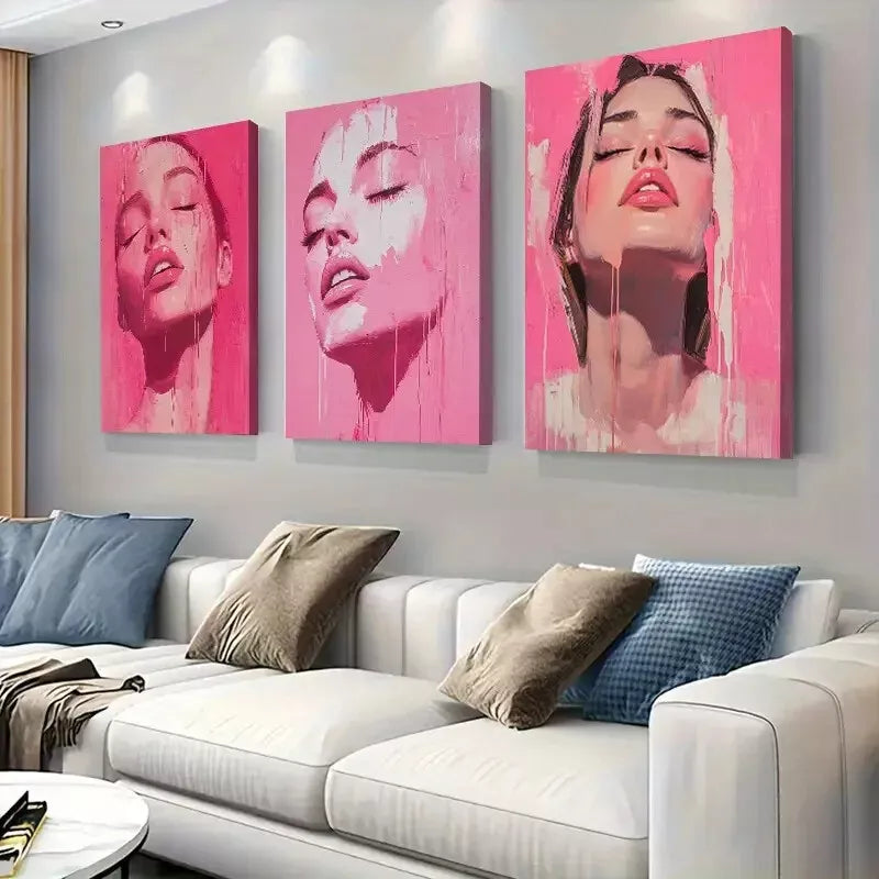 3pcs Pink Female Portrait Triptych Wall Art Set - Framed Canvas 40x60cm (16x24in) - High Quality Print - 100% Australian Made - Ready to Hang - Perfect for Living Room, Bedroom & Office Decor