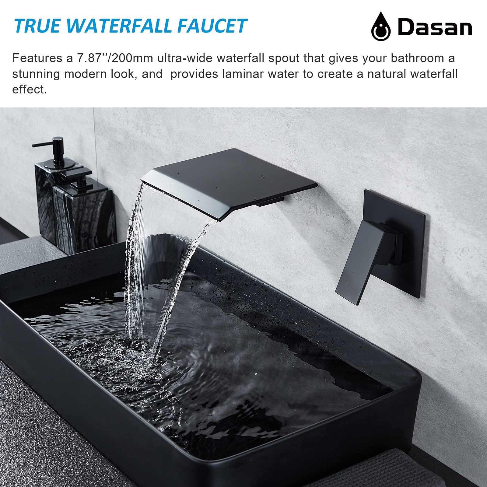 Modern Matte Black Wall Mount Waterfall Bathroom Faucet - Single Handle Wall Mounted Sink Faucet with Upgraded Rough-in Valve | Perfect for Contemporary Bathrooms, Powder Rooms & Spa-Like Showers