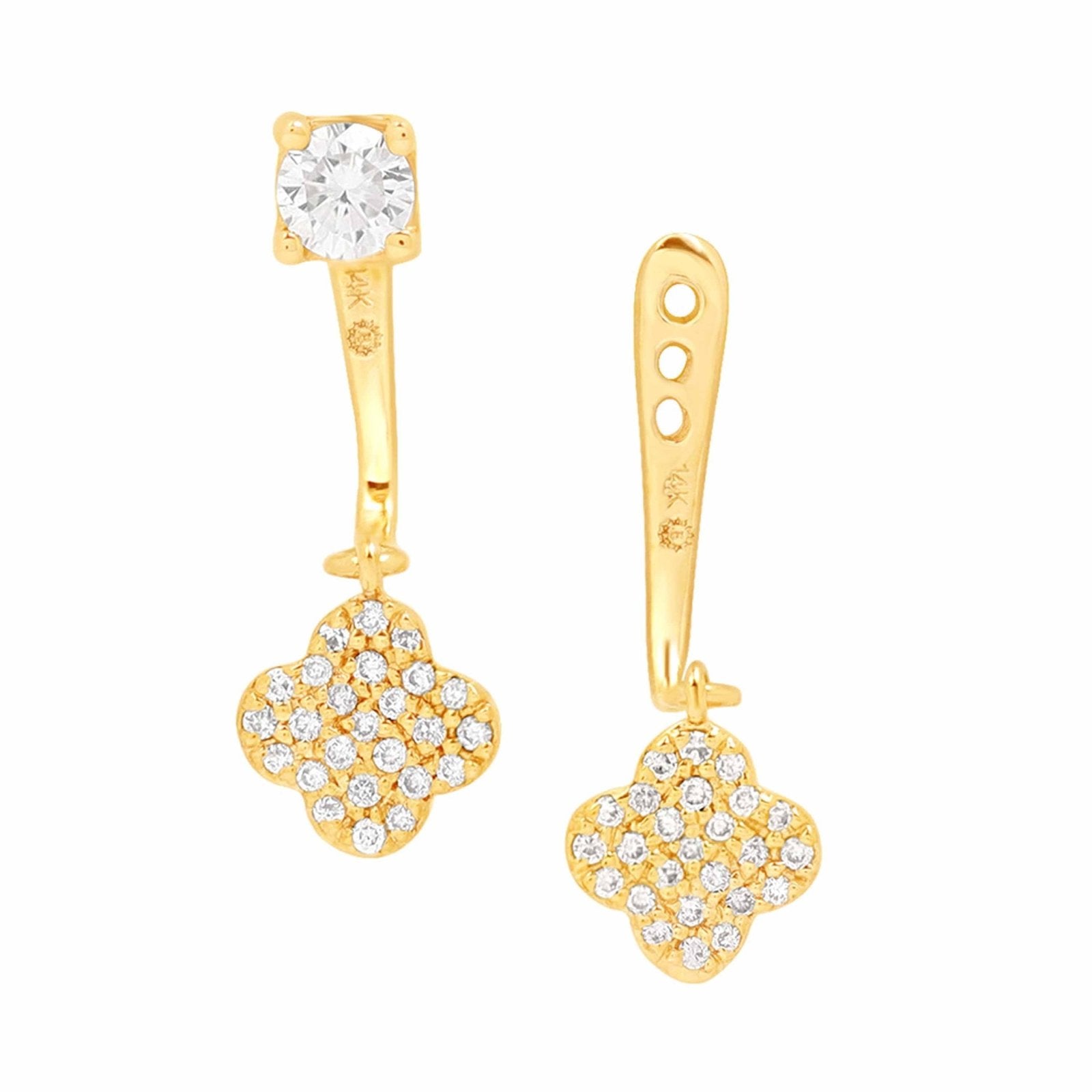 14K Solid Yellow Gold Clover Ear Jacket & Stud with Pavé Diamonds - Elegant Dangle Earrings for Women, Perfect for Weddings, Parties & Everyday Wear
