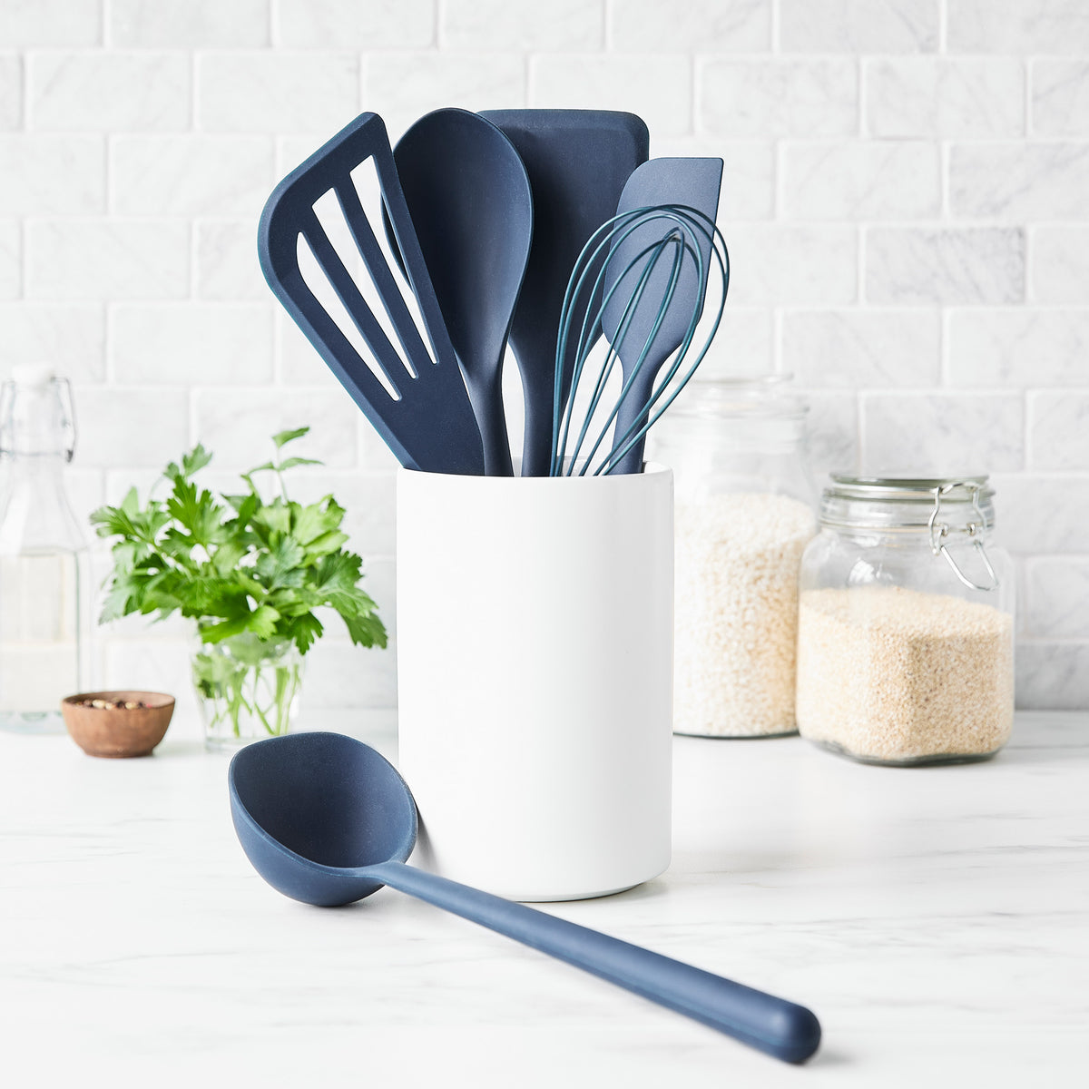 Premium 7-Piece Platinum Silicone Kitchen Utensil Set with Crock - Navy Blue | Non-Slip Grip & Heat Resistant for Cooking, Baking & Serving