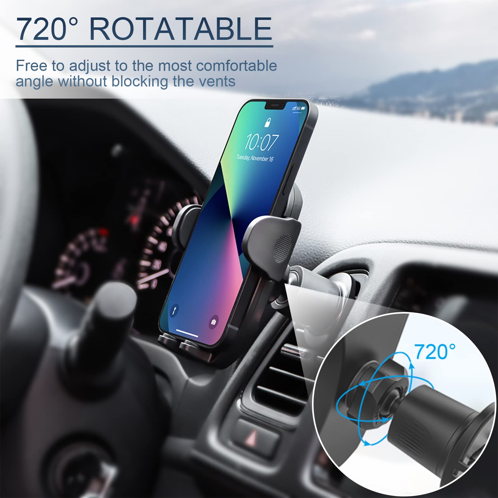 SINSEN Universal Car Vent Phone Mount - One-Touch Mechanical Clip, 360° Rotatable Phone Holder for iPhone, Samsung, Pixel (Perfect for Driving, GPS Navigation & Hands-Free Calls)