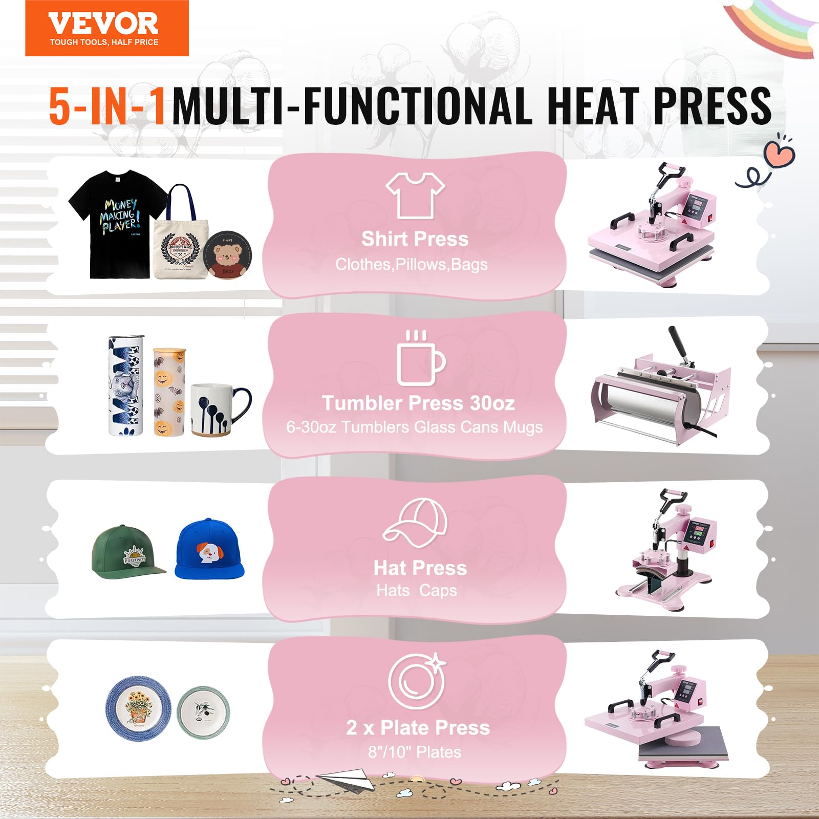 VEVOR 15x15 Inch 5-in-1 Heat Press Machine for T-Shirts, Hats, Mugs & Plates - Includes 30oz Tumbler Press - Perfect for Sublimation, DIY Crafts & Small Business (Pink)