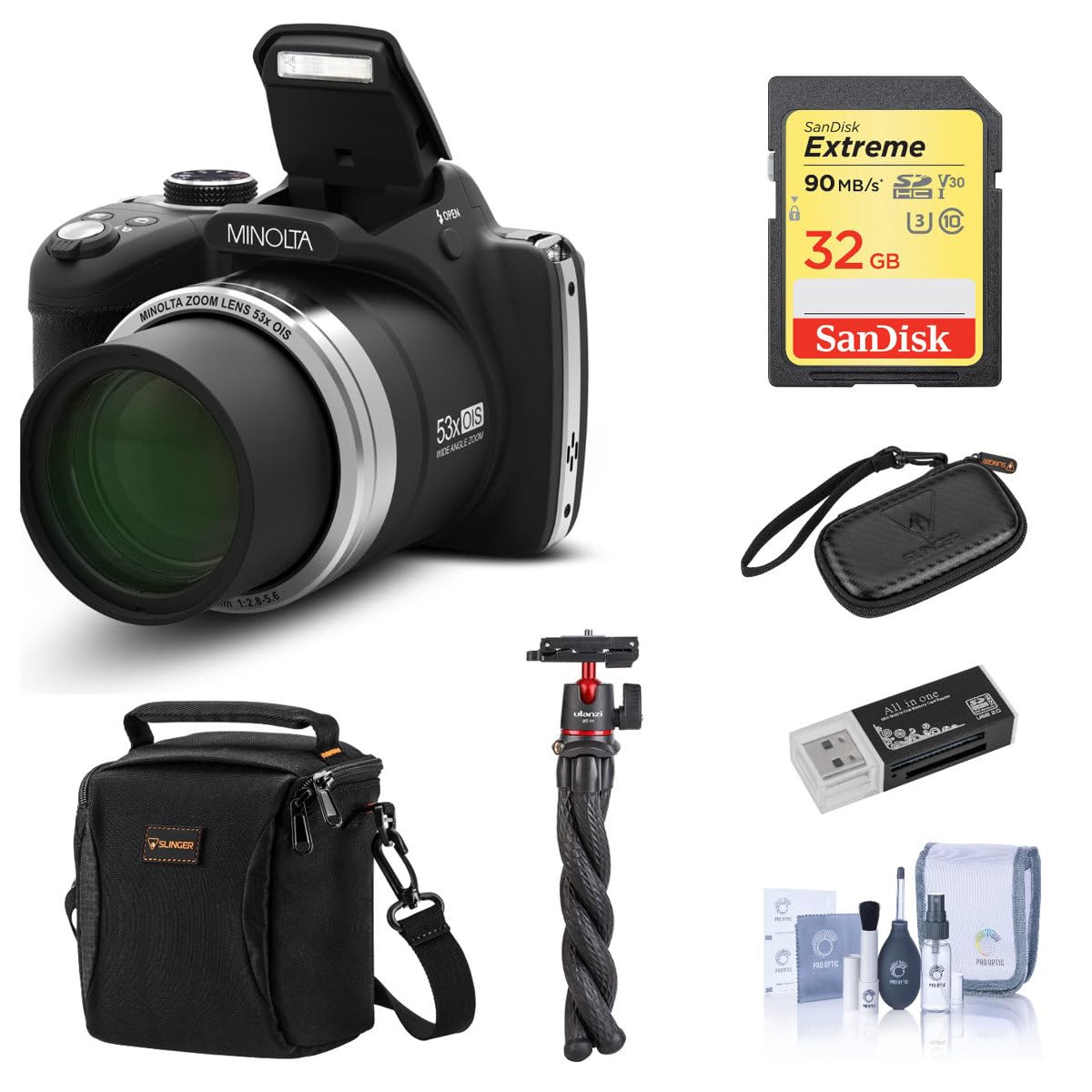 Minolta MN53Z 16MP FHD Digital Camera with 53x Optical Zoom, WiFi & Accessories Bundle (Black) - Includes Shoulder Bag, Octopus Tripod, 32GB SD Card, Reader, Card Case & Cleaning Kit - Perfect for Travel, Wildlife Photography & Vlogging