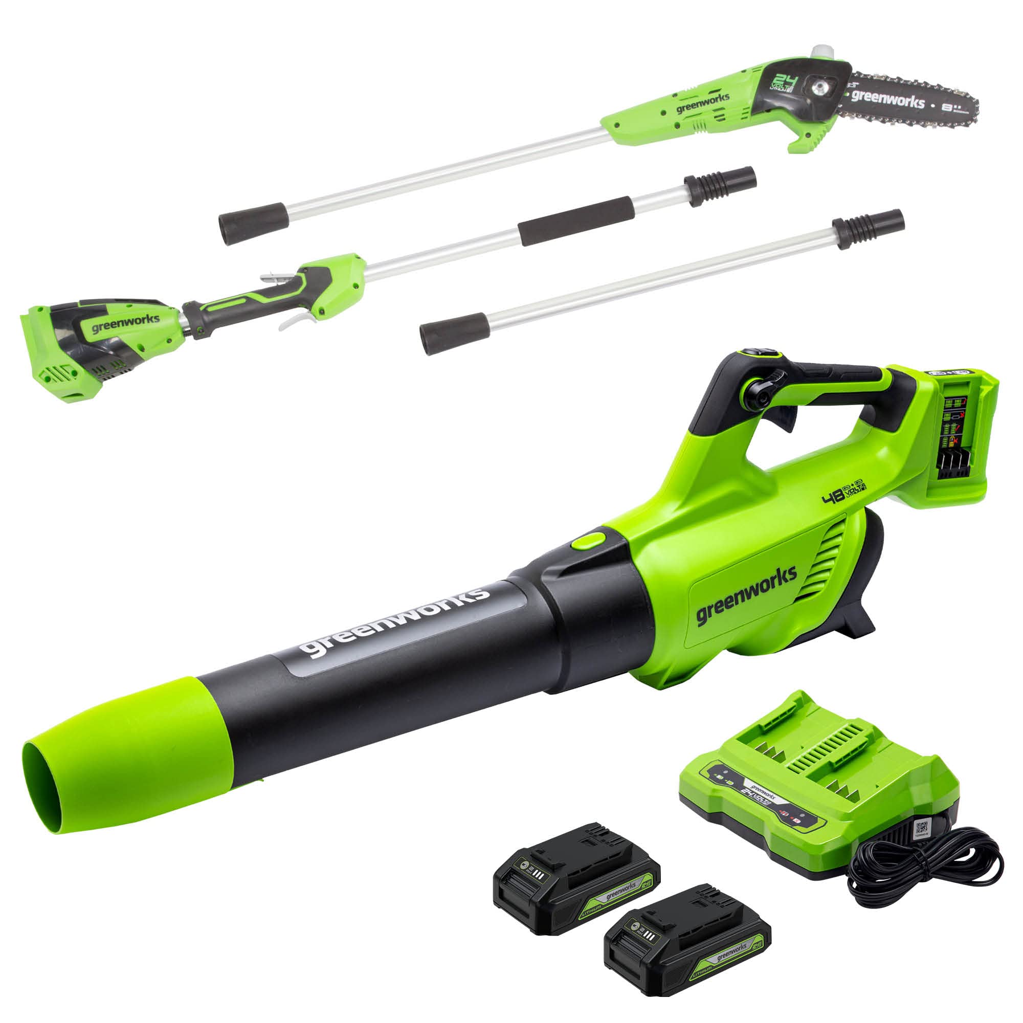 Greenworks 48V (2 x 24V) Cordless Axial Blower - 515 CFM / 125 MPH High Power Leaf Blower with (2) 2.0Ah Batteries & Dual Port Charger - Includes 24V Pole Saw - Perfect for Yard Cleanup, Leaf Removal, and Landscaping Maintenance