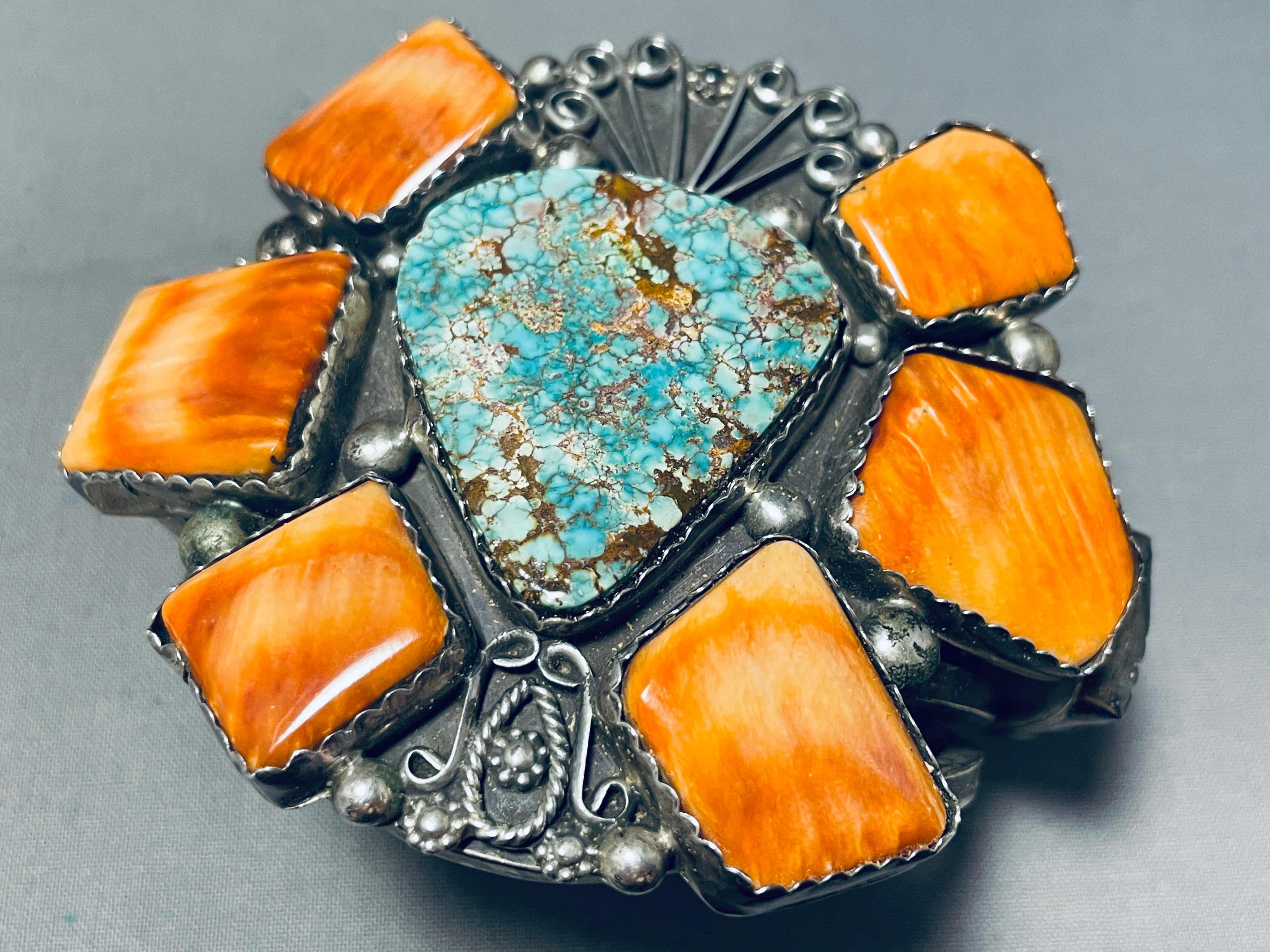 Vintage Navajo Sterling Silver Bracelet with Turquoise Shell Cluster – 144g Authentic Native American Jewelry for Women, Boho Fashion & Gift Ideas