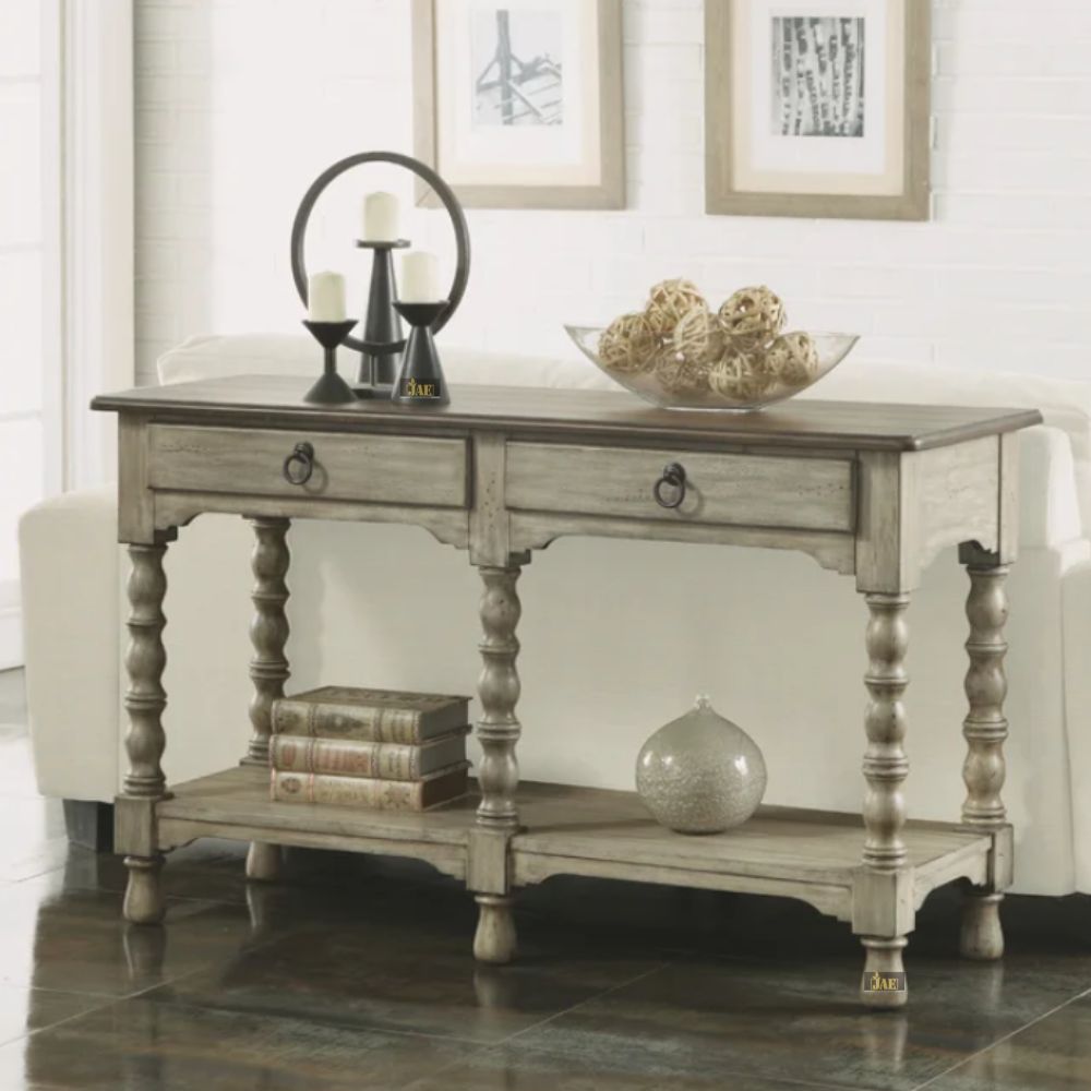 French Provincial Style Grey Wooden Pillar Console Table - Elegant Entryway, Hallway, or Living Room Decor