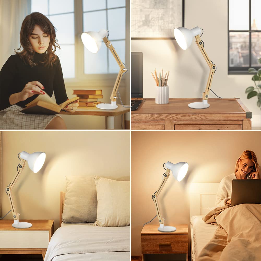 Depuley Swing Arm Desk Lamp - Adjustable Wood Gooseneck Table Light with White Metal Shade (Bulb Included) | Modern Architect Design for Home Office, Study, Bedroom & College Dorm | Perfect Reading Light for Work & Nighttime Use