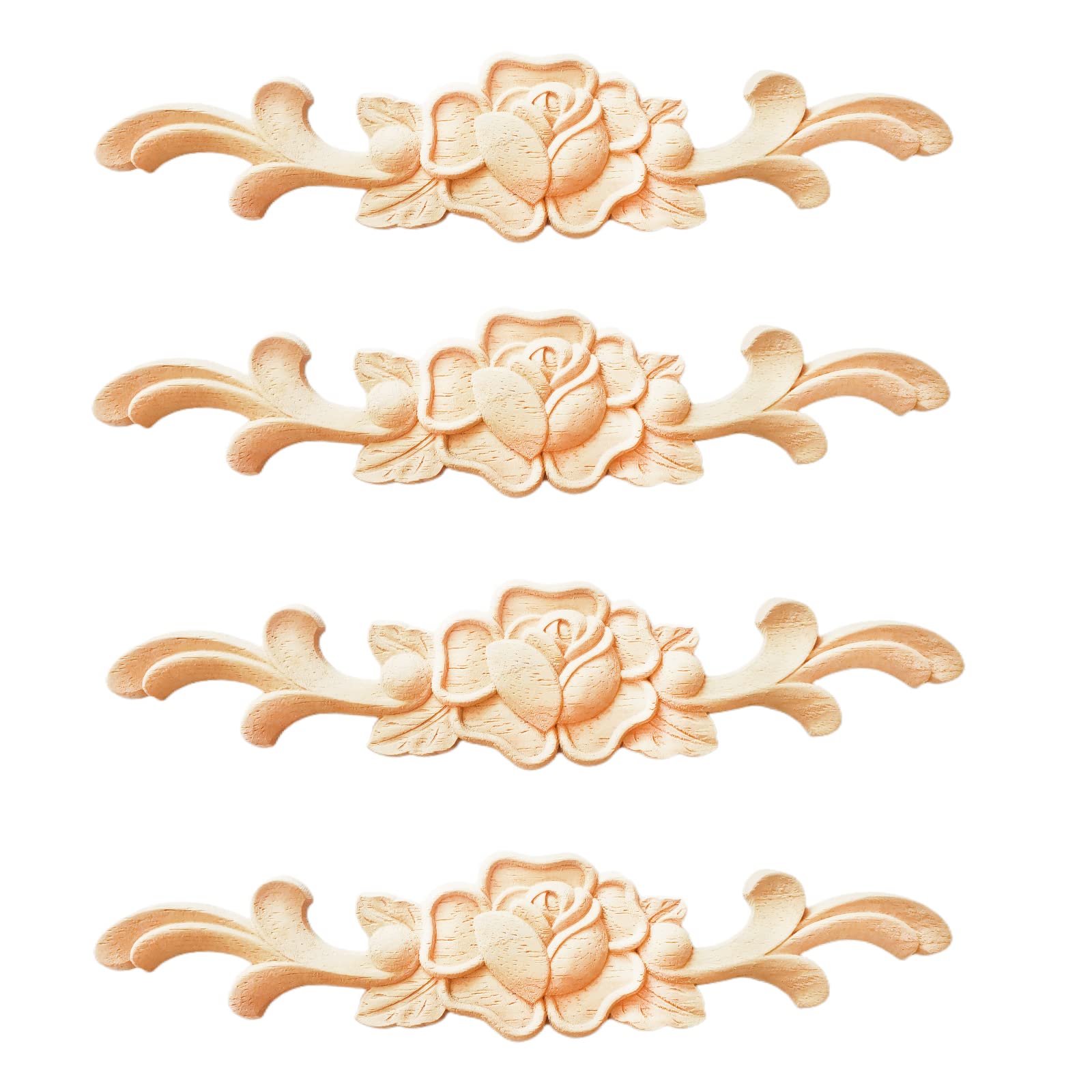 4PCS Unfinished Wood Appliques - Hand Carved Decorative Onlays for Furniture, Cabinets, Doors & Wardrobes - Elegant Wood Carving Decor for Home & Office Interiors - DIY Home Improvement & Vintage Style Upgrade
