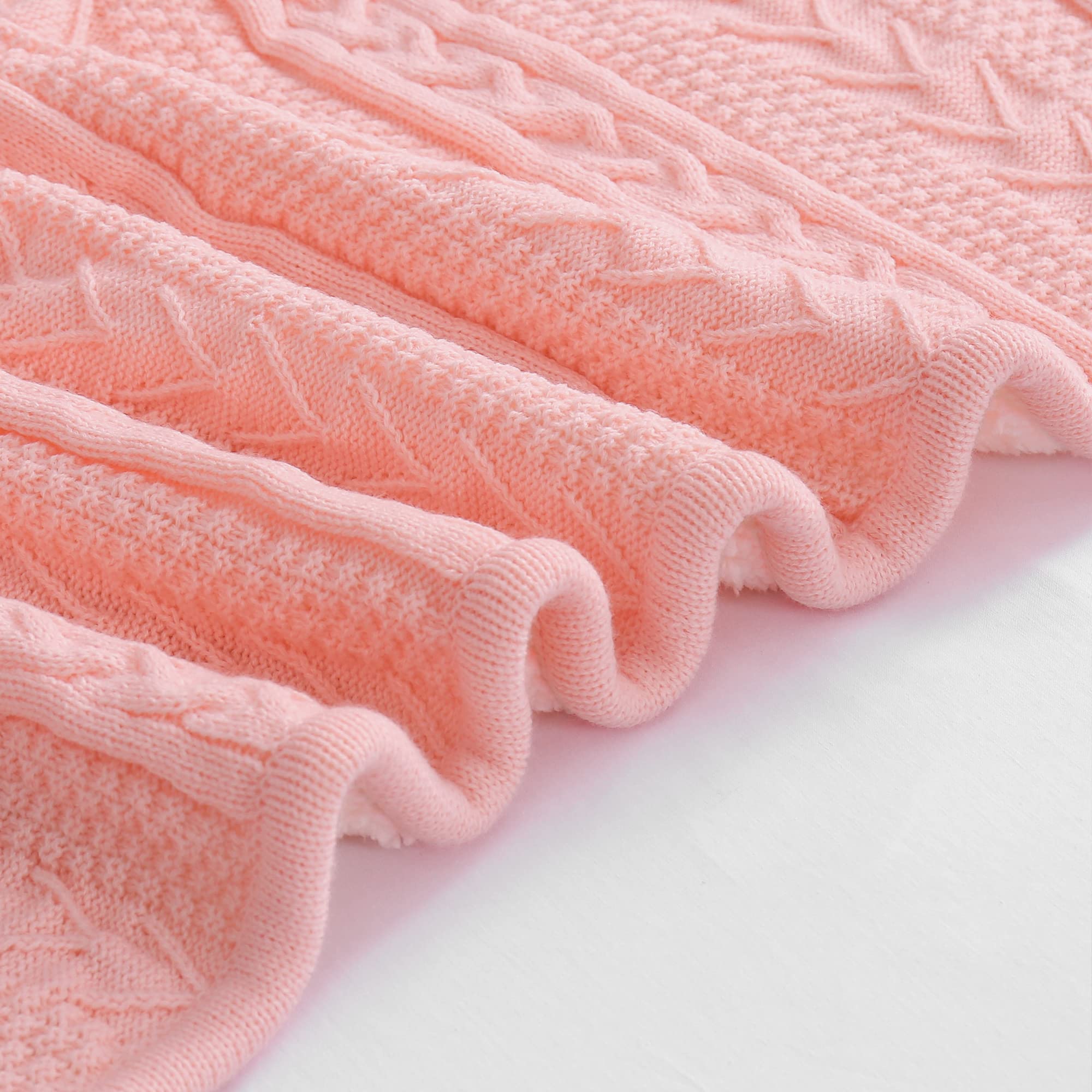Longhui Pink Acrylic Cable Knit Sherpa Throw Blanket - Ultra Soft & Cozy Fleece Blanket for Couch, Sofa, Bed - 50