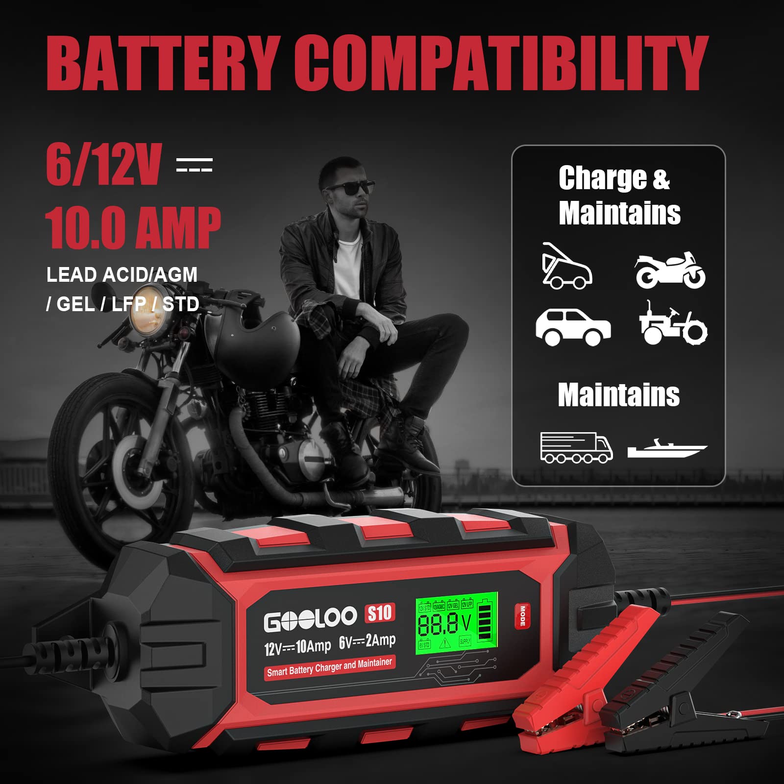 GOOLOO 10-Amp 6V/12V Smart Car Battery Charger & Maintainer - Automatic Trickle Charger with Desulfation for Lead-Acid Batteries - Ideal for Cars, Trucks, Motorcycles & Seasonal Vehicles (Model S10)