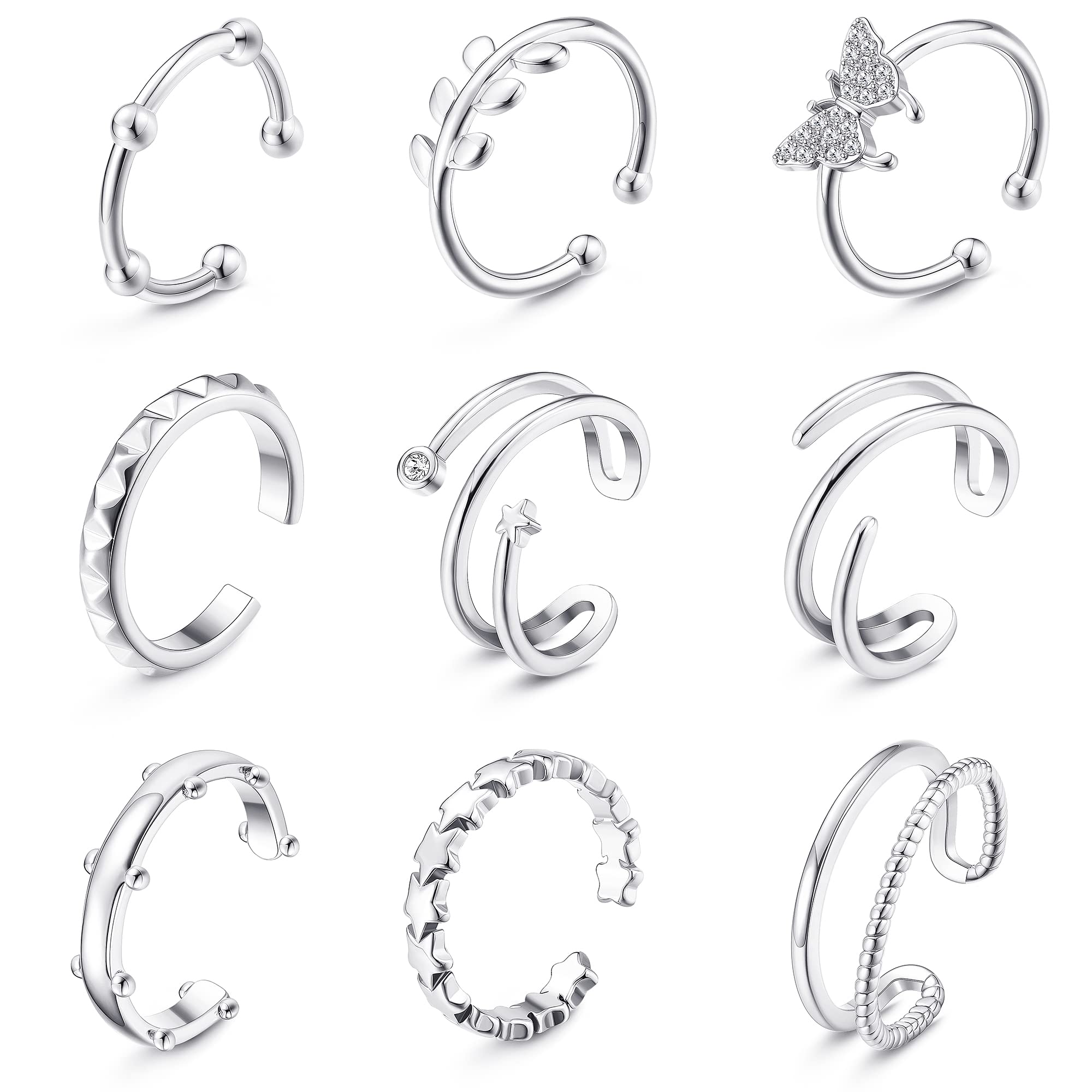 14K Gold Plated Adjustable Toe Rings for Women - 9Pcs Set with Butterfly, Leaf & Star Designs (Silver & Rose Gold) - Perfect for Beach, Summer & Boho Fashion Jewelry