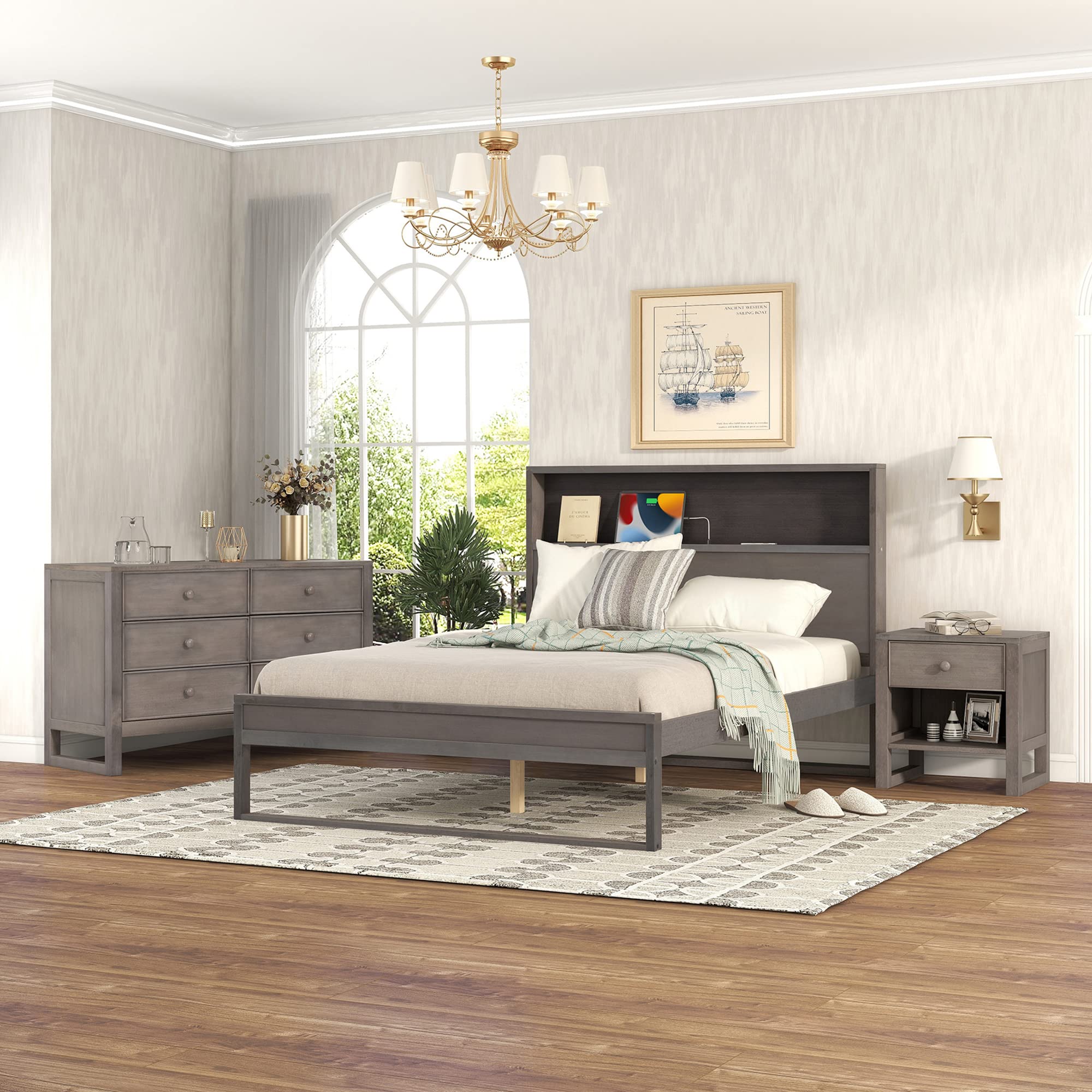 3-Piece Full Bedroom Furniture Set with Storage Headboard, USB Ports, Nightstand & 6-Drawer Dresser - Perfect for Small Spaces & Guest Rooms